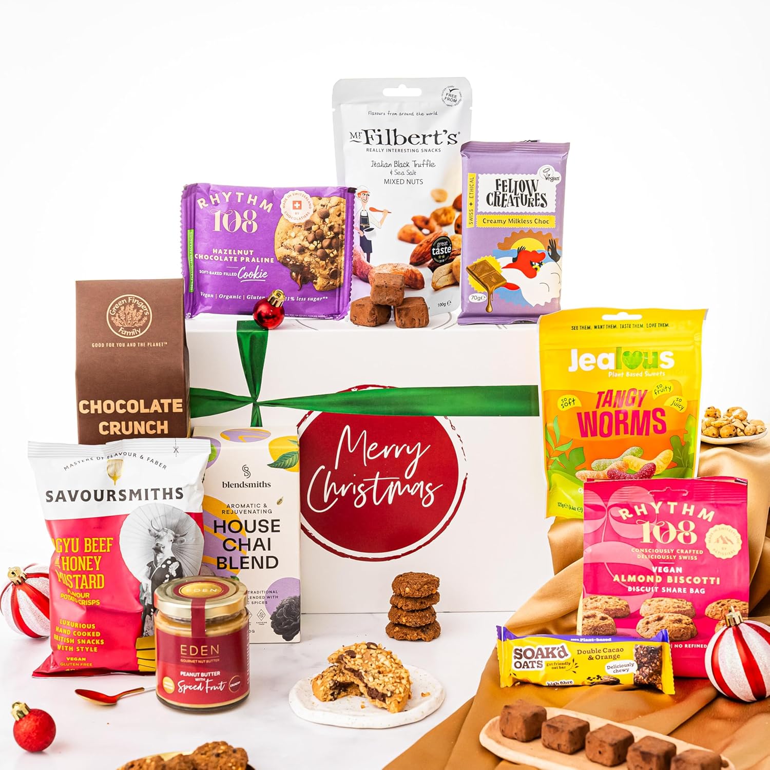Merry Christmas Hamper Basket, Luxury Gourmet Xmas Gifts for Women, Men or Couples, Dairy Free, Gluten Free and Vegan Chocolate by EDEN Treats