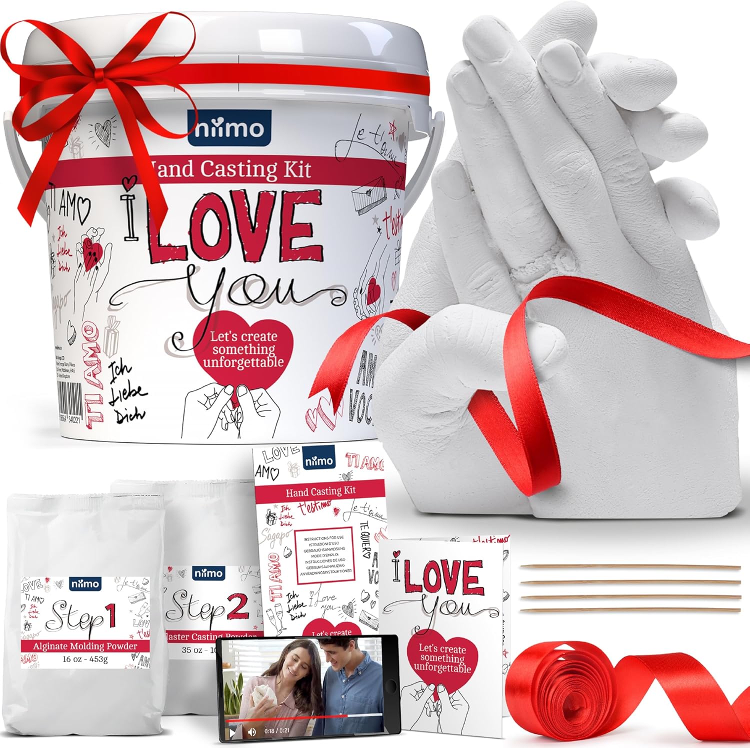 Niimo® 'I Love You' Couples Hand Casting Kit - Fun & Skin-Safe Hand Moulding Kit Couple, Personalised Gifts for Her & Him, with Gift Card & Video Tutorial