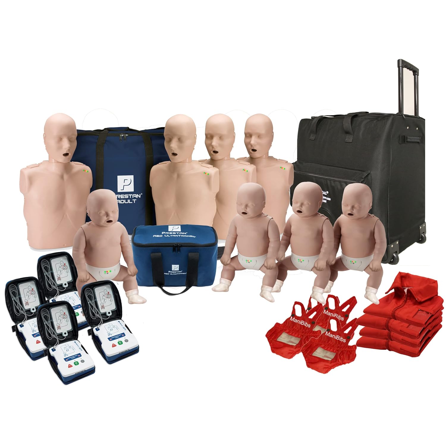 MCR Medical PRESTAN CPR Adult Manikin 4-Pack w. Feedback, Infant Manikin 4-Pack w. Feedback, AED UltraTrainers, Wheeled Carryall, & MCR Accessories
