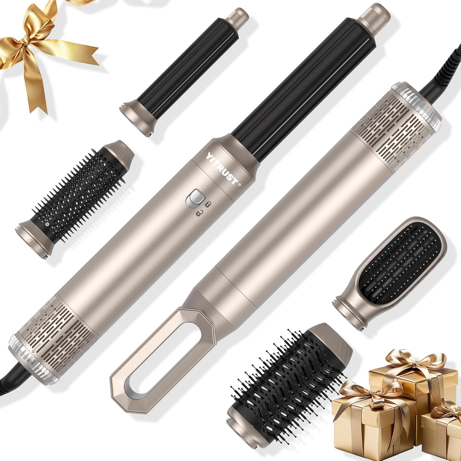 6 in 1 Hair Dryer Brush 60000RPM Blow Dryer Brush Upgrade Multi Hair Styling Tools Powerful Blow Out Brush Dryer Auto Wrap Curlers Hot Air Brush Curling Wand Straightener Brush Volumizer Gold