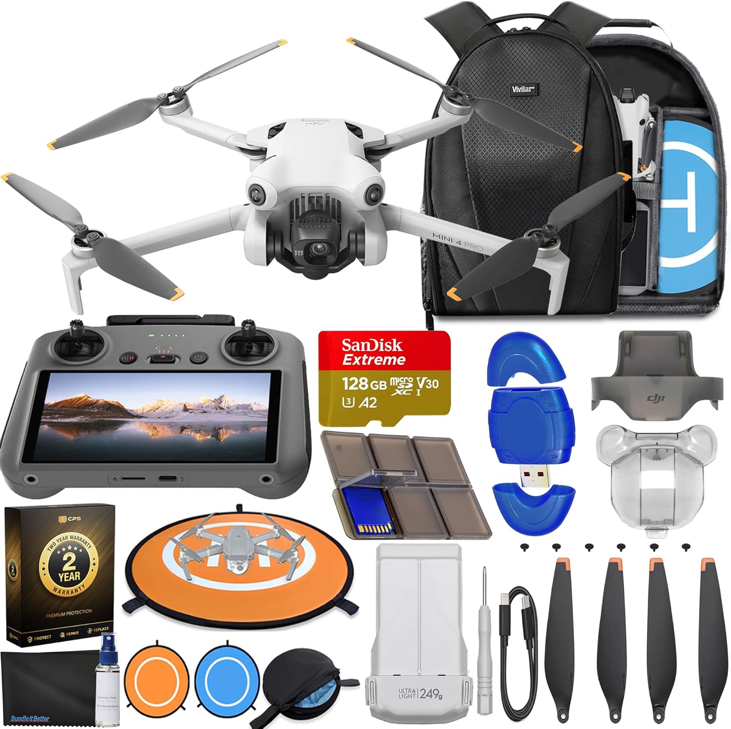 DJI Mini 4 Pro Drone with RC 2 2 (Remote Controller w/ Screen) Folding Mini-Drone with 4K HDR Video Under 249g, 34 Mins Flight Time, Omnidirectional Vision Sensing Bundle with 128GB Memory Card, Landing Pad, CPS 2 Year Warranty + More