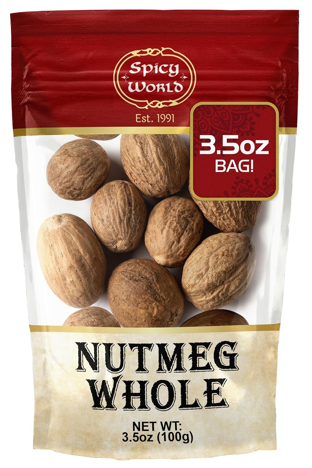 Spicy World Nutmeg Whole 3.5oz (100g) - Premium Grade from Indonesia, Pure, Natural, Gluten Free