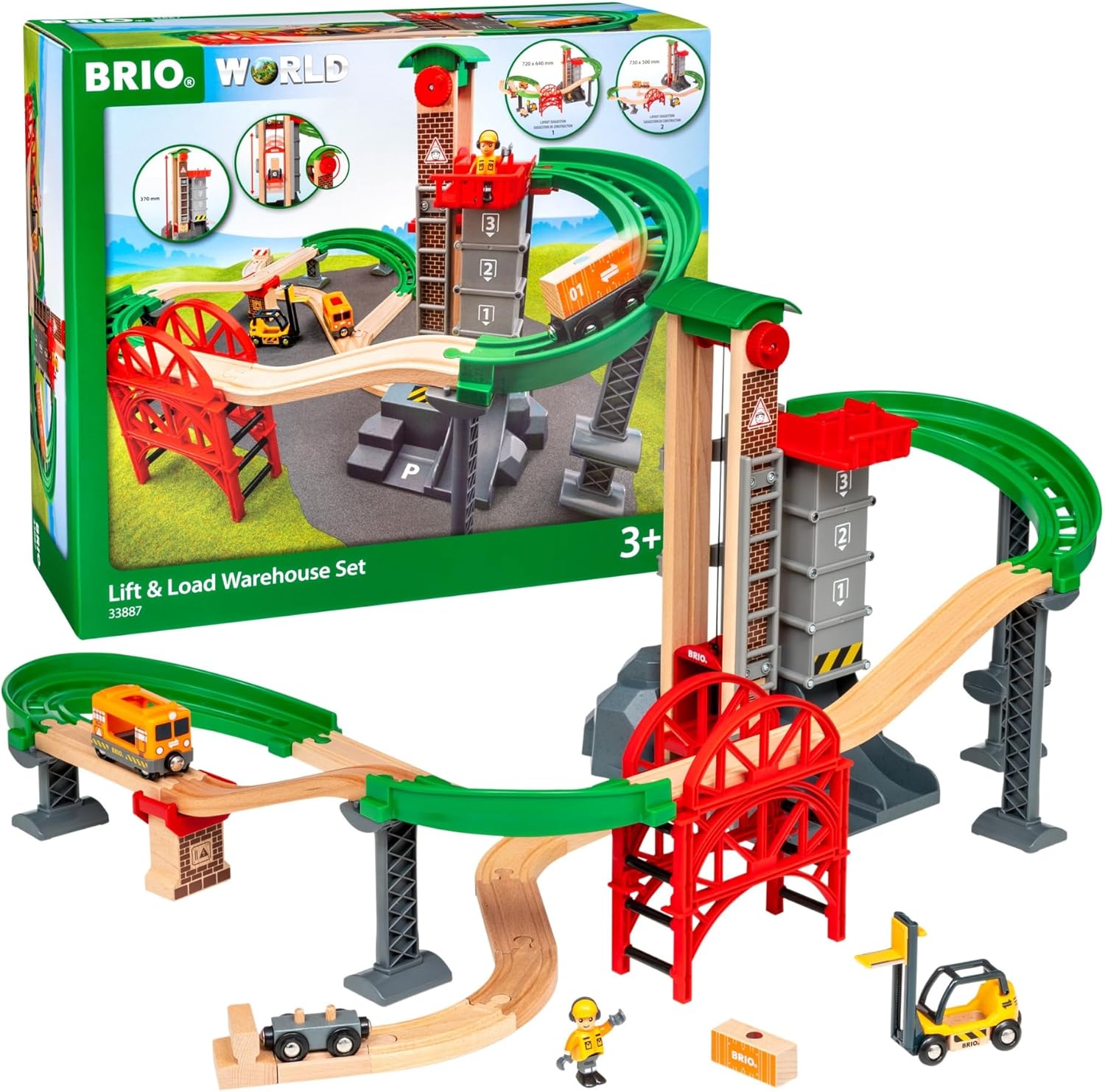 BRIO World Lift & Load Warehouse Set - 32-Piece Wood Train Set - Works with All Wooden Railway Sets - Includes 4-Level Elevator, Vehicles, Tracks & Full Station - MESH Accredited for Ages 3+