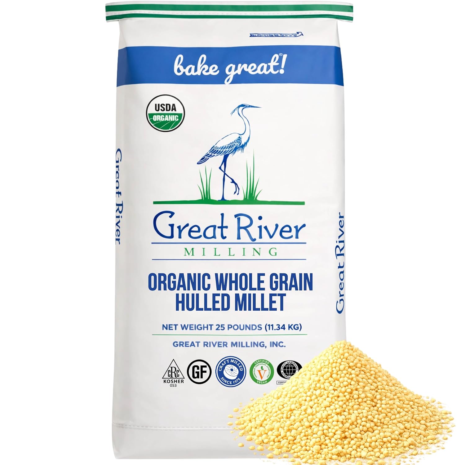 Great River Milling Organic Hulled Millet, Whole Grain, 25 lb | Organic Hulled Millet for porridge, pilaf, salads, grain bowls, baking and home milling; light fluffy cooked grain with mild