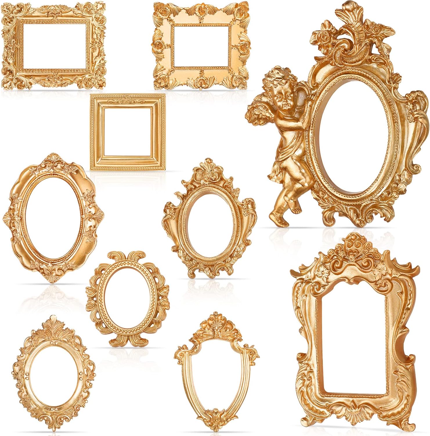 Yulejo 10 Pcs Vintage Resin Picture Frame Mini Antique Photo Frame Gold Vintage Collage Hanging Frames for DIY Jewelry Display Hotel Wall Home Decor, Without Glass or Backing (Gold)