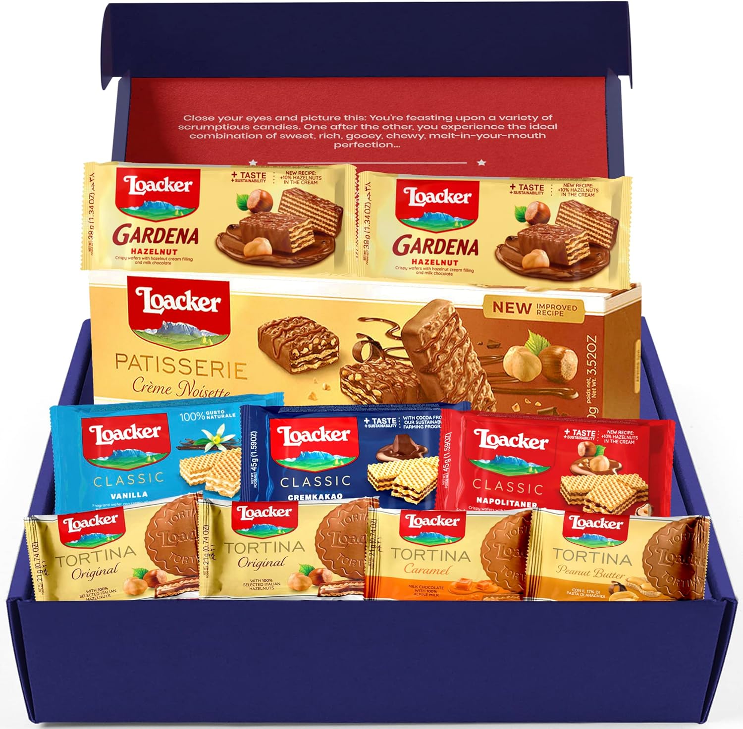 Loacker Biscuit Hamper Box - Chocolate Wafer Biscuits Variety - All-Occasion Sweets & Biscuits Gift Set for Men and Women - Includes 10-Piece Loacker Collection