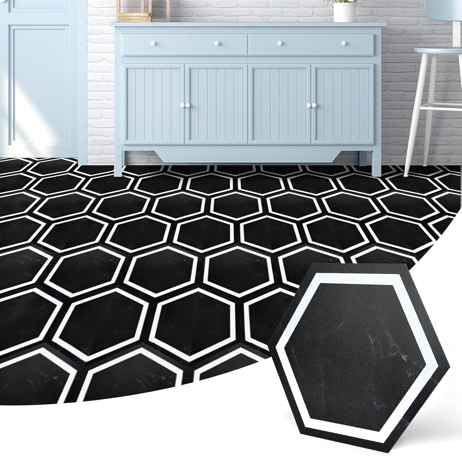 Art3d 30-Pack Hexagon Peel and Stick Flooring Tile Marble Look, Self Adhesive Waterproof Vinyl Floor Tile for Kitchen Bathroom Living Room Bedroom, 11.8" x 10.2" Black Marble