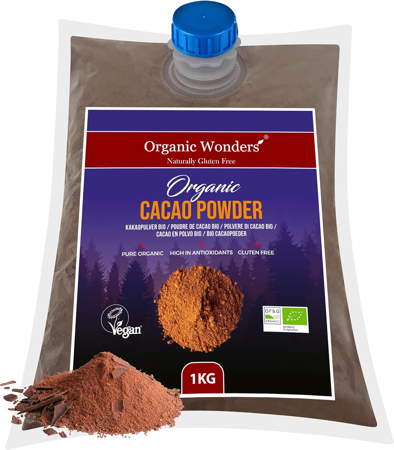Organic Cacao Powder (1kg) | Ceremonial Grade | Natural Magnesium, Potassium & Maganese | Tropical Theobroma | Raw Cacao Beans | Pure Vegan | Perfect For Baking & Hot Chocolate By Organic Wonders®