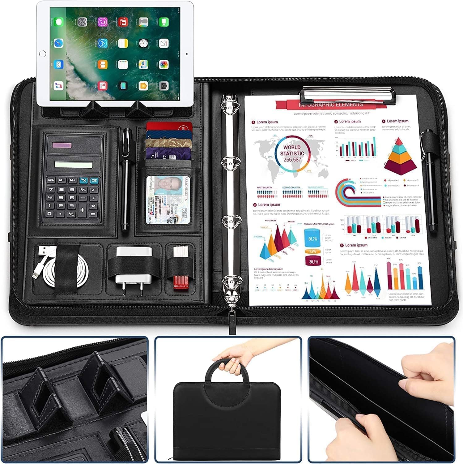WONSEFOO Conference Folder A4 Zipped Magnetic Handle with Phone Stand & 2-Layers Pocket & Elastic Loops. PU Leather Padfolio Portfolio Case Business Ring Binder, Clipboard for Interview