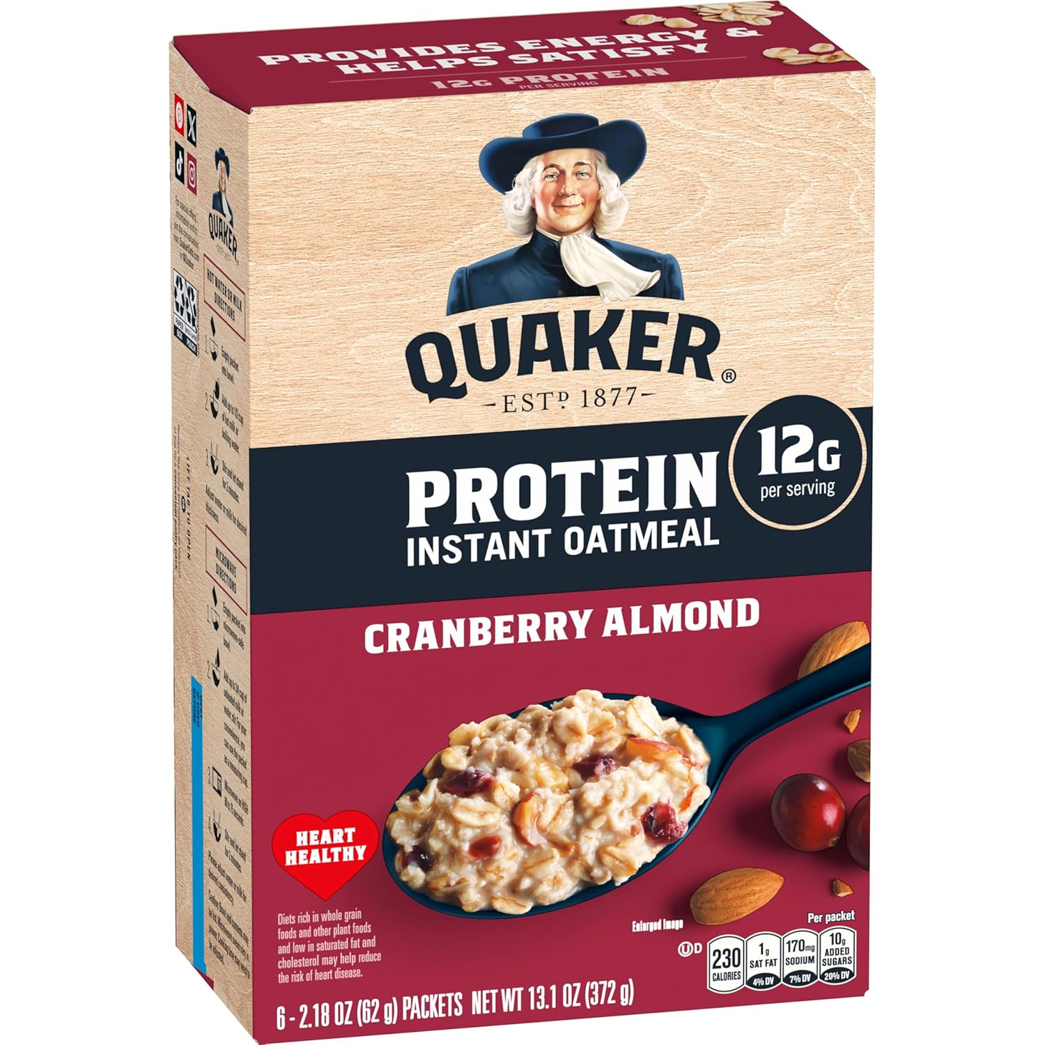 Quaker, Instant Oatmeal, Cranberry Almond, 6x 2.18 Oz Pouches per Box