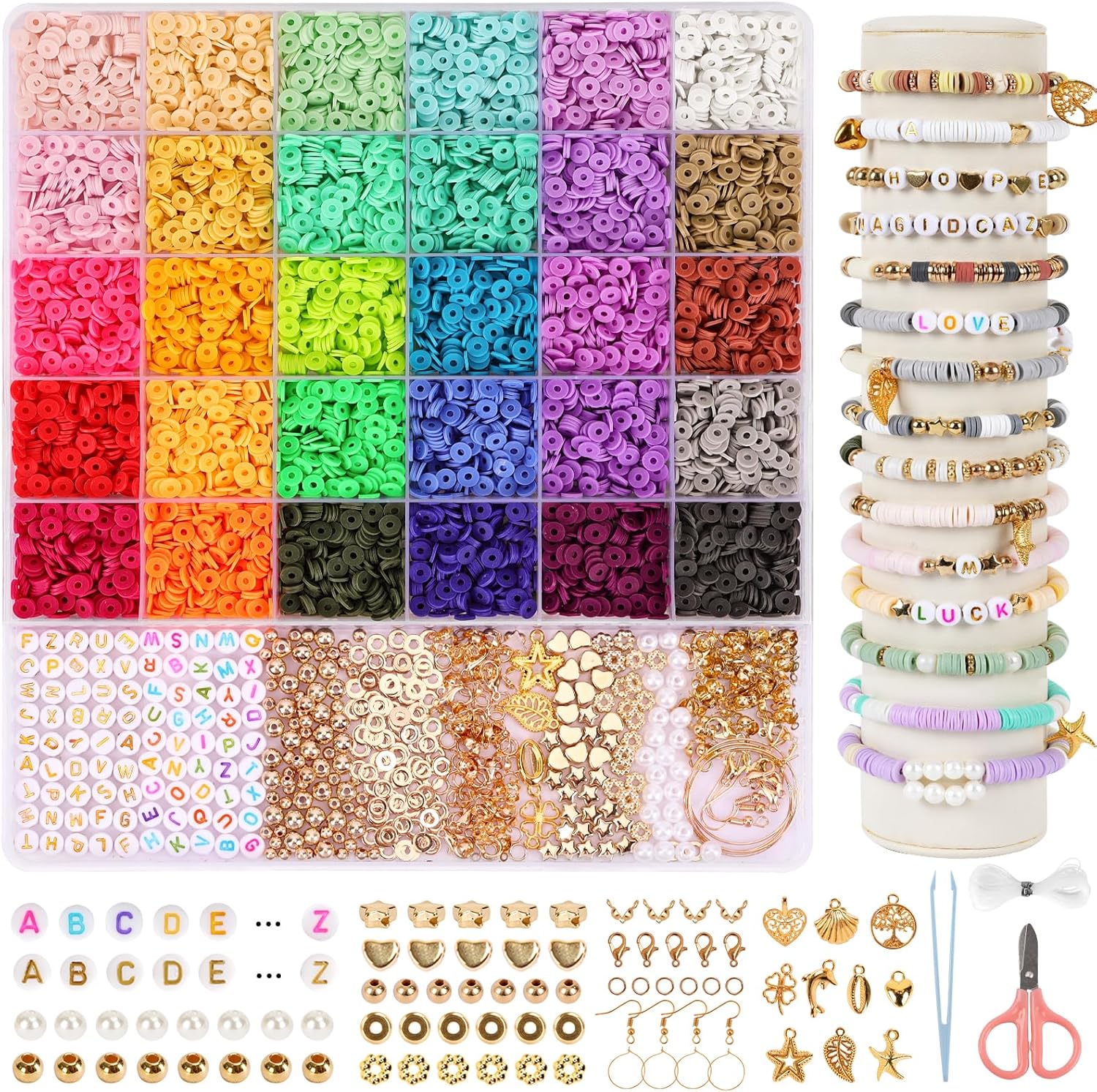 QUEFE 8200pcs Clay Beads Bracelet Making Kit, 30 Colors Flat Preppy for Friendship Bracelets, Polymer Heishi Beads with Charms for Jewelry Making, Holiday Crafts Gift for Teen Girls Adults