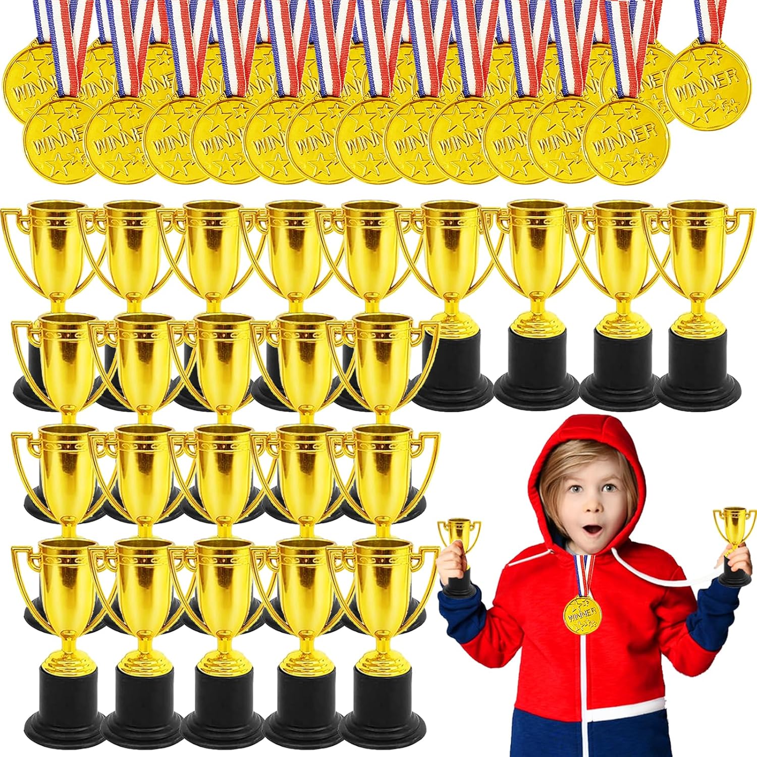 48PCS Mini Awards Trophies Cups Medals for Kids,4inch Plastic Golden Trophy Medal Set,Participation Trophy for Winner Competition Sports Reward Party Favors