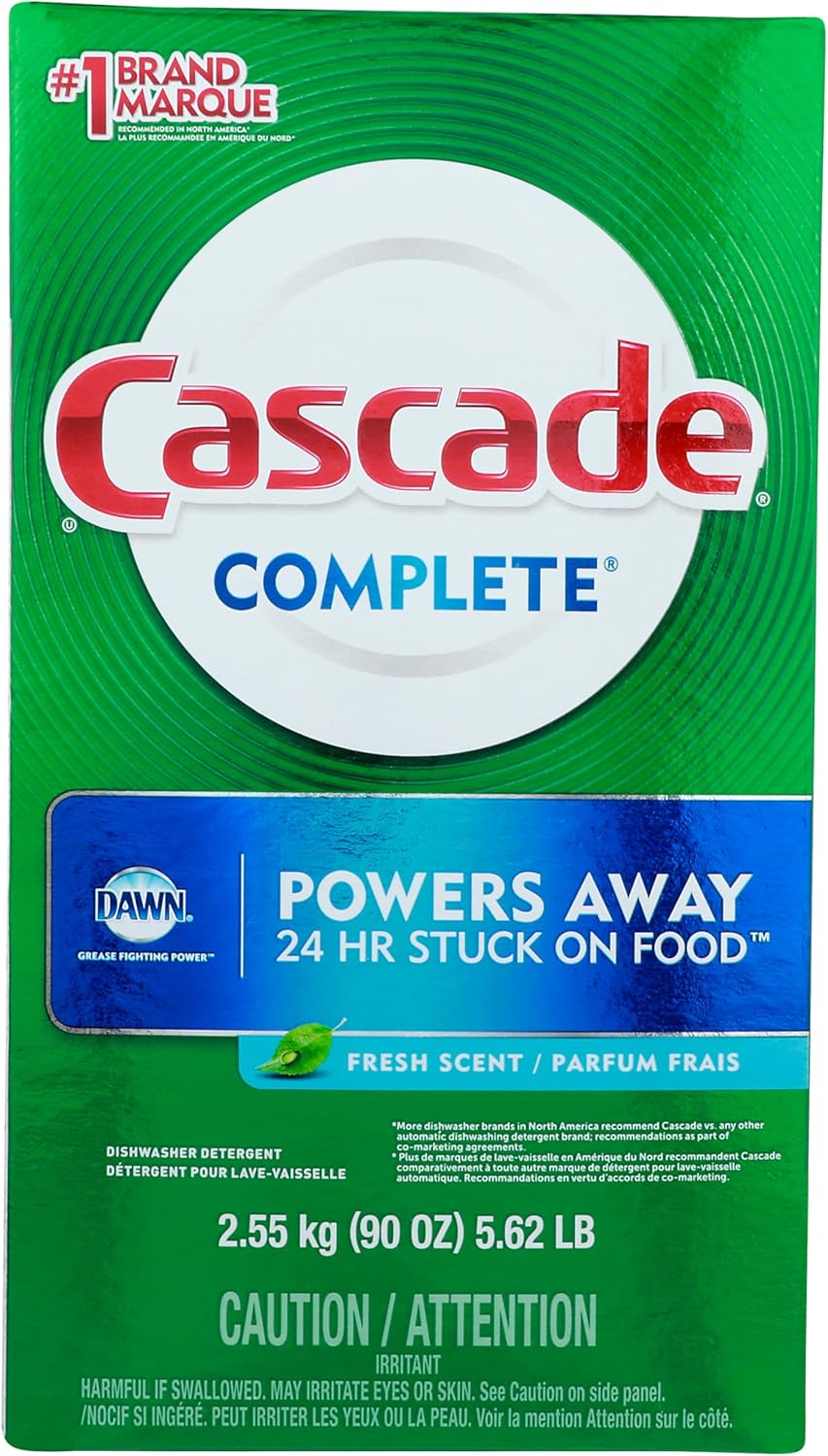 Cascade Complete Powder, Fresh Scent, Cascade Dishwashing Powder, Cascade 90 oz with Bonus Cascade Platinum Dishwasher Cleaner 3 Count Pod