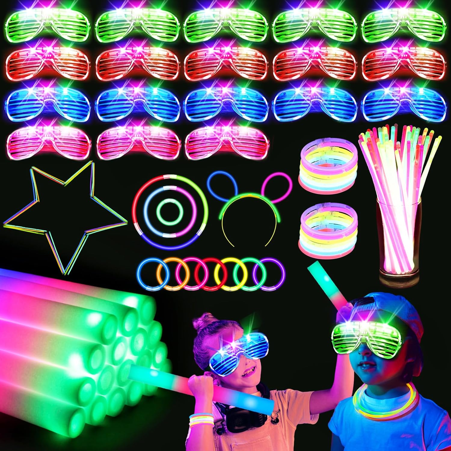 236PCS Glow in the Dark Party Supplies, 18 PCS Foam Glow Sticks, 18 PCS LED Glasses, 100PCS Glow Sticks Bracelets and 100 PCS Connectors for Glow Party, Wedding, Concert, Raves and Birthday
