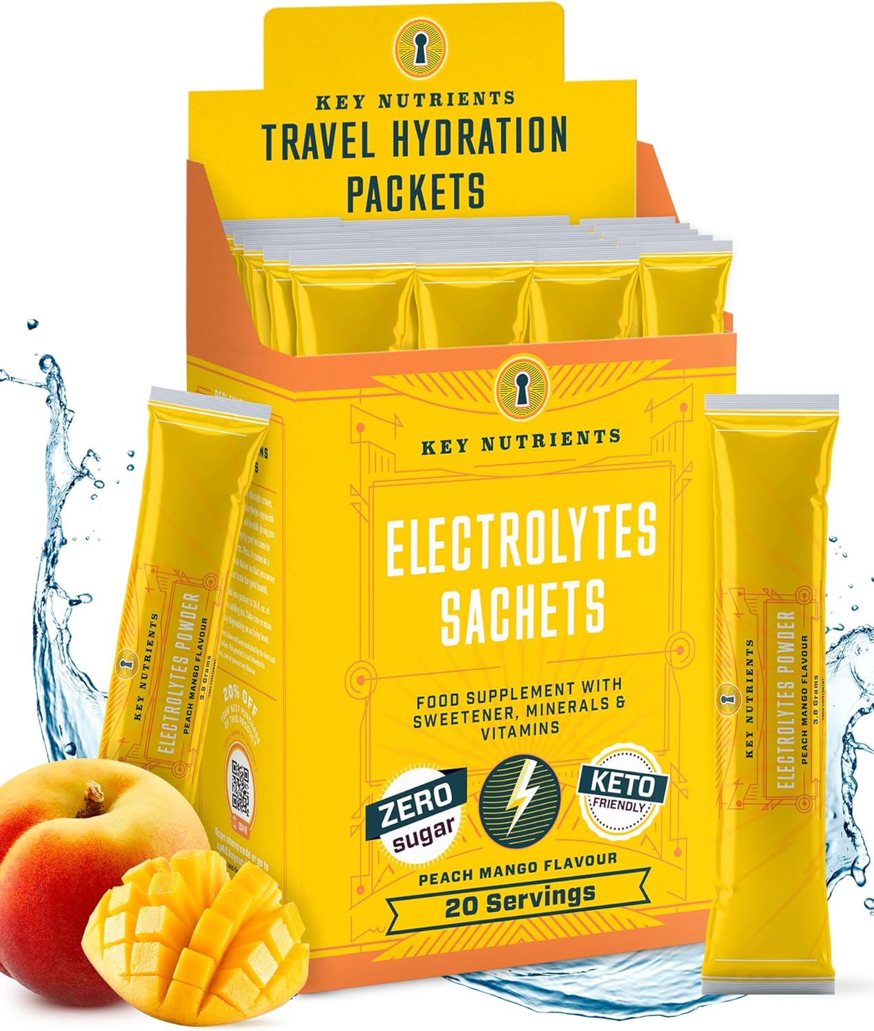 Key Nutrients Electrolytes Sachets - Multivitamin & Minerals Electrolytes Powder 20 Servings of Tropical Peach Mango - Hydration Sachets - Supercharged Rehydration Sachets with 16 Vitamins & Minerals