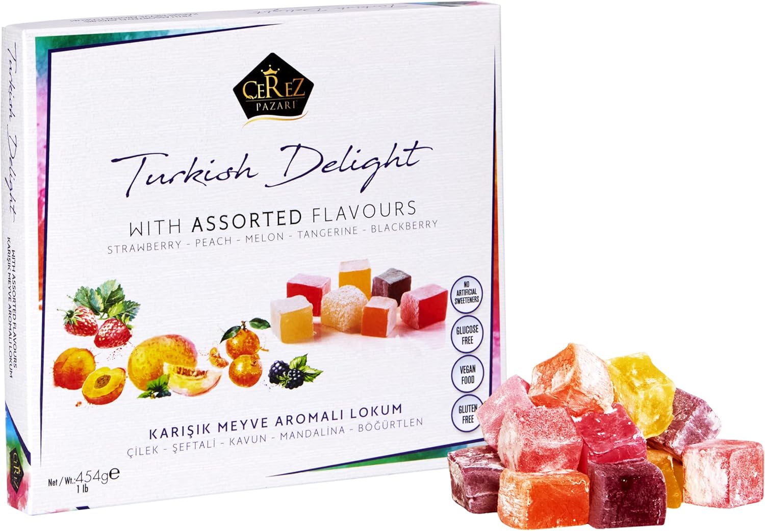 Cerez Pazari Turkish Delight with Strawberry, Peach, Melon, Tangerine, BlackBerry Flavours 454g, Gourmet Medium Size Snacks Gift Box, No Nuts Sweet Traditional Vegan Soft Candy Dessert