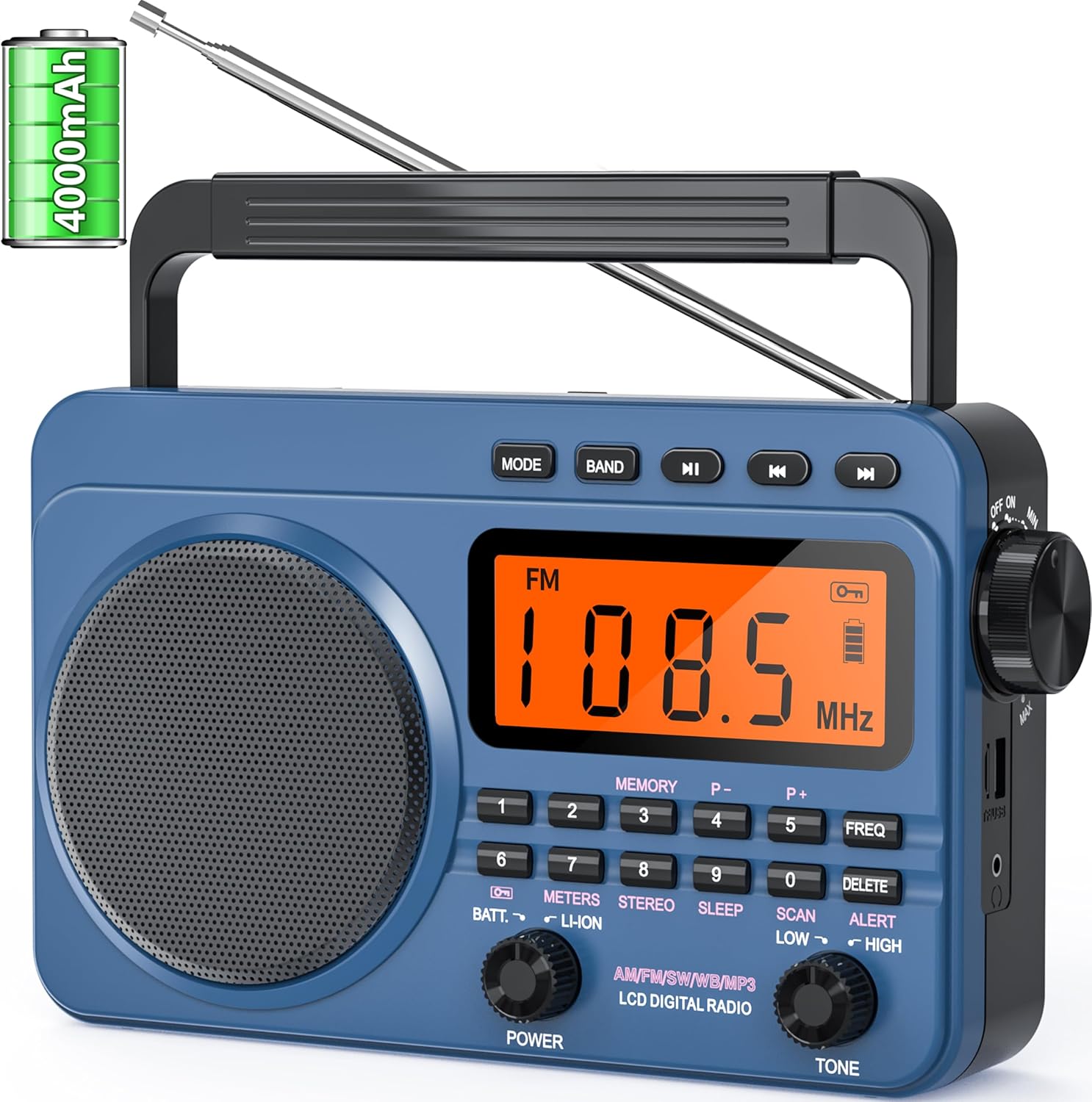 Radios Portable AM FM, 4000mAh Rechargeable Digital Radio with NOAA Weather Alert for Blizzard/Wildfire, Digtal Radio AM FM with Large Screen/Digital Tuning,SD/USB Playback for Outages, Outdoor