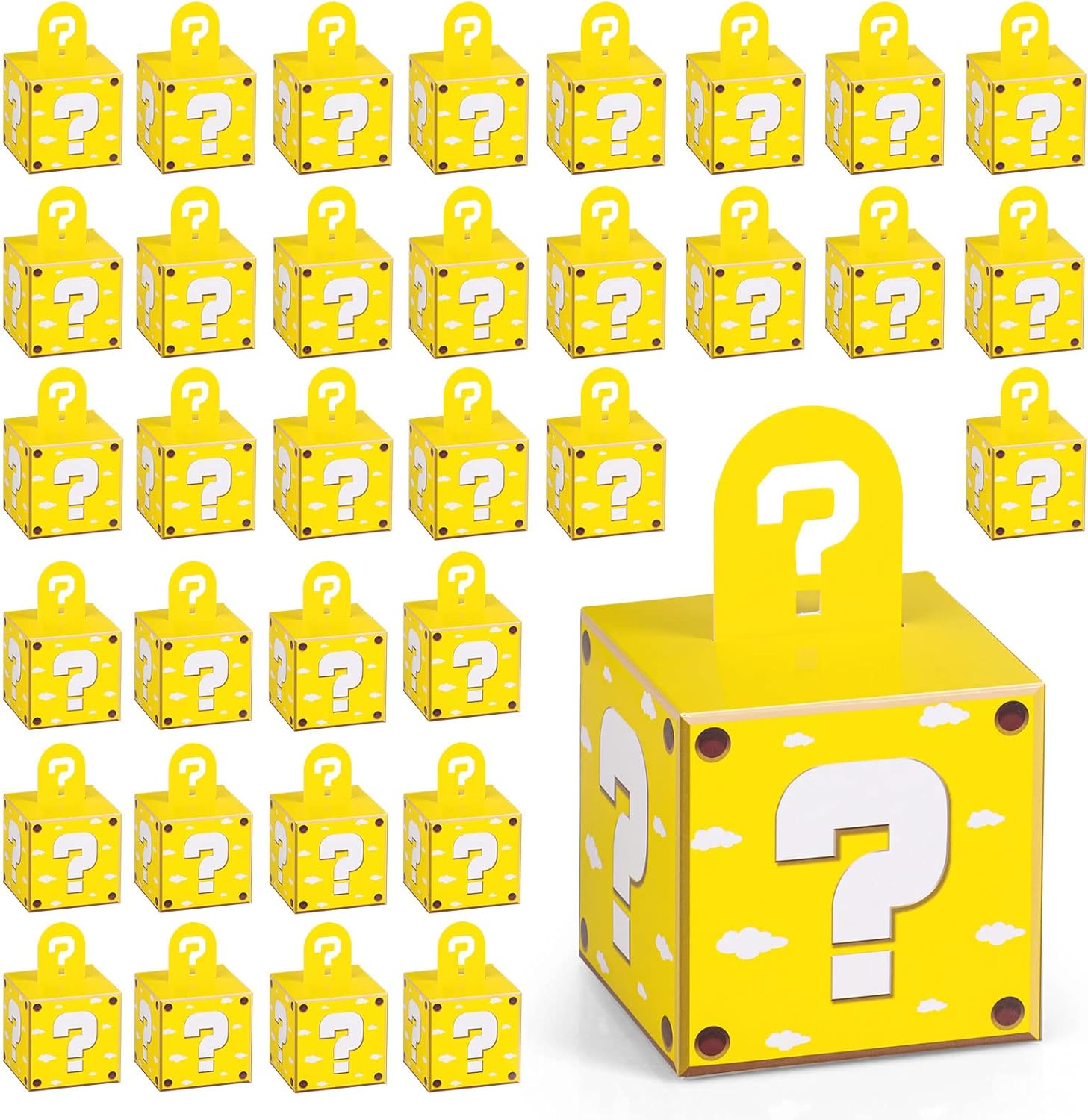 36PCS Video Game Party Favor Mystery Box 3.5inch Small Goodie Treat Boxes Question Mark Box Gift Bags Brick Comic Candy Boxes for Gift Giving Video Games Theme Birthday Party Decorations Supplies