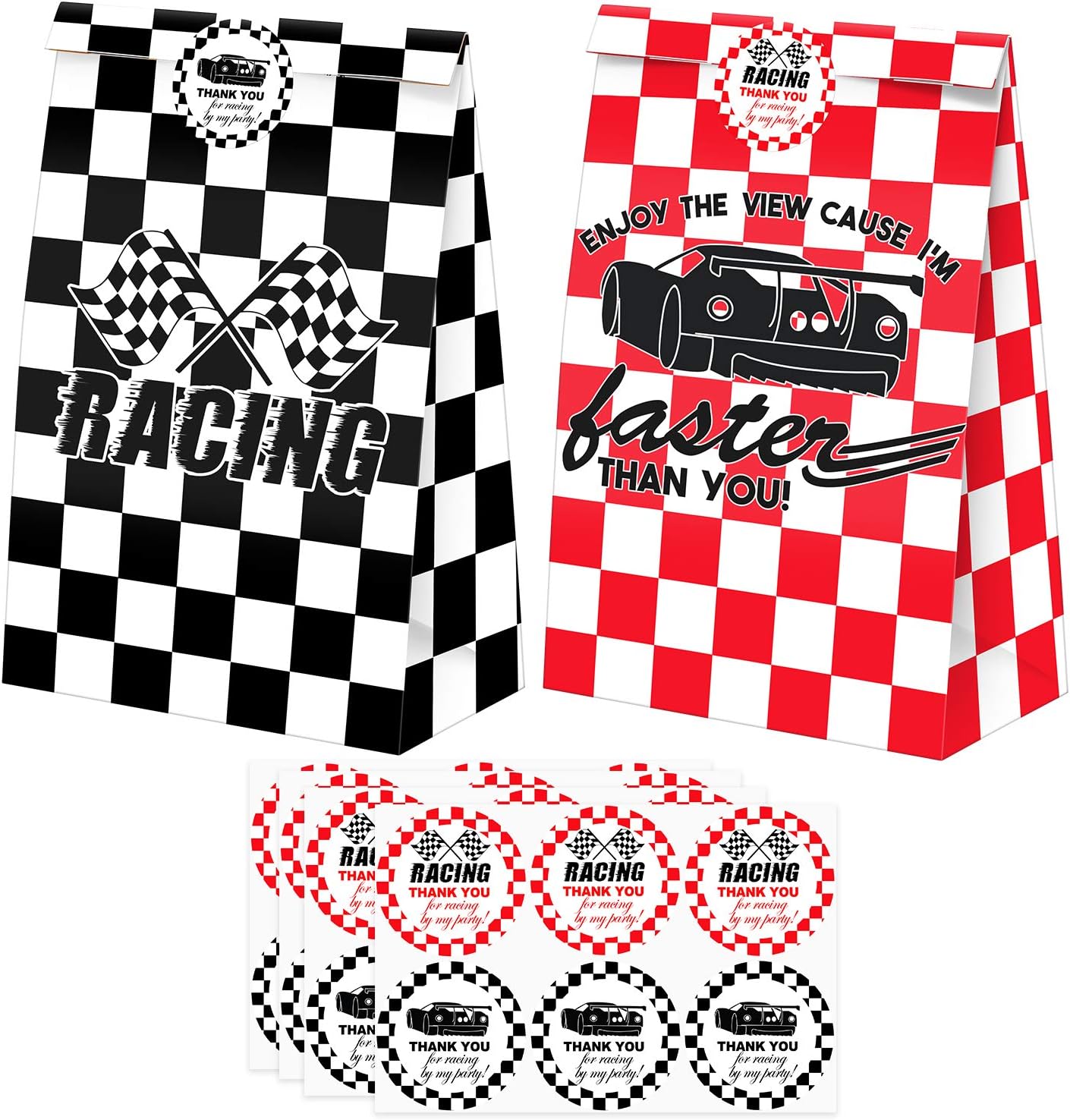 24 Pack Race Car Party Candy Favor Bags with Stickers, Race Car Goodie Gift Treat Bags Race Car Themed Birthday Party Supplies