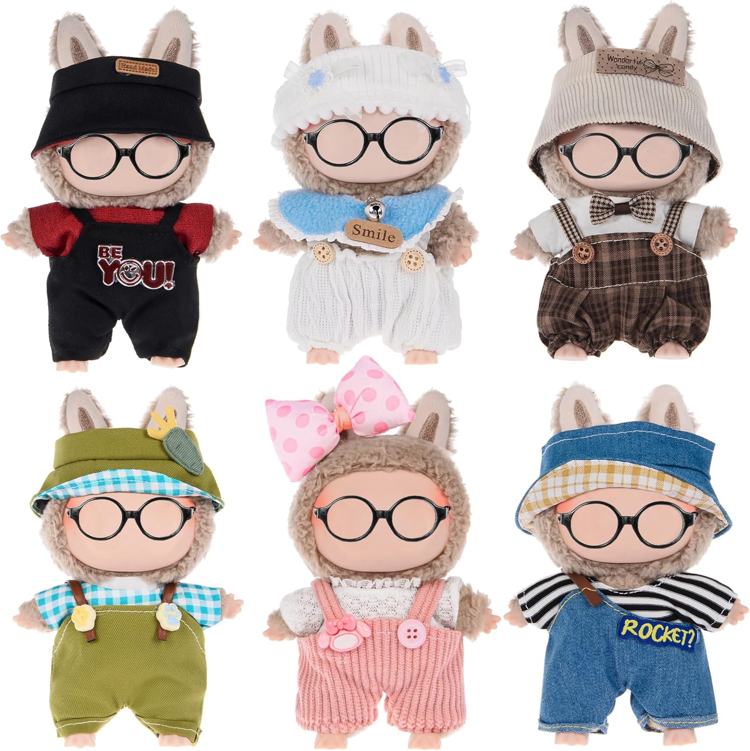 6 Sets Kawaii Doll Clothes for 17cm Plush Dolls - Dress Up Doll Clothing Set Replacement Fashion Outfit Collection with Hats & Accessories, Fits 6.7 Inch Mini Dolls (No Doll No Glasses)