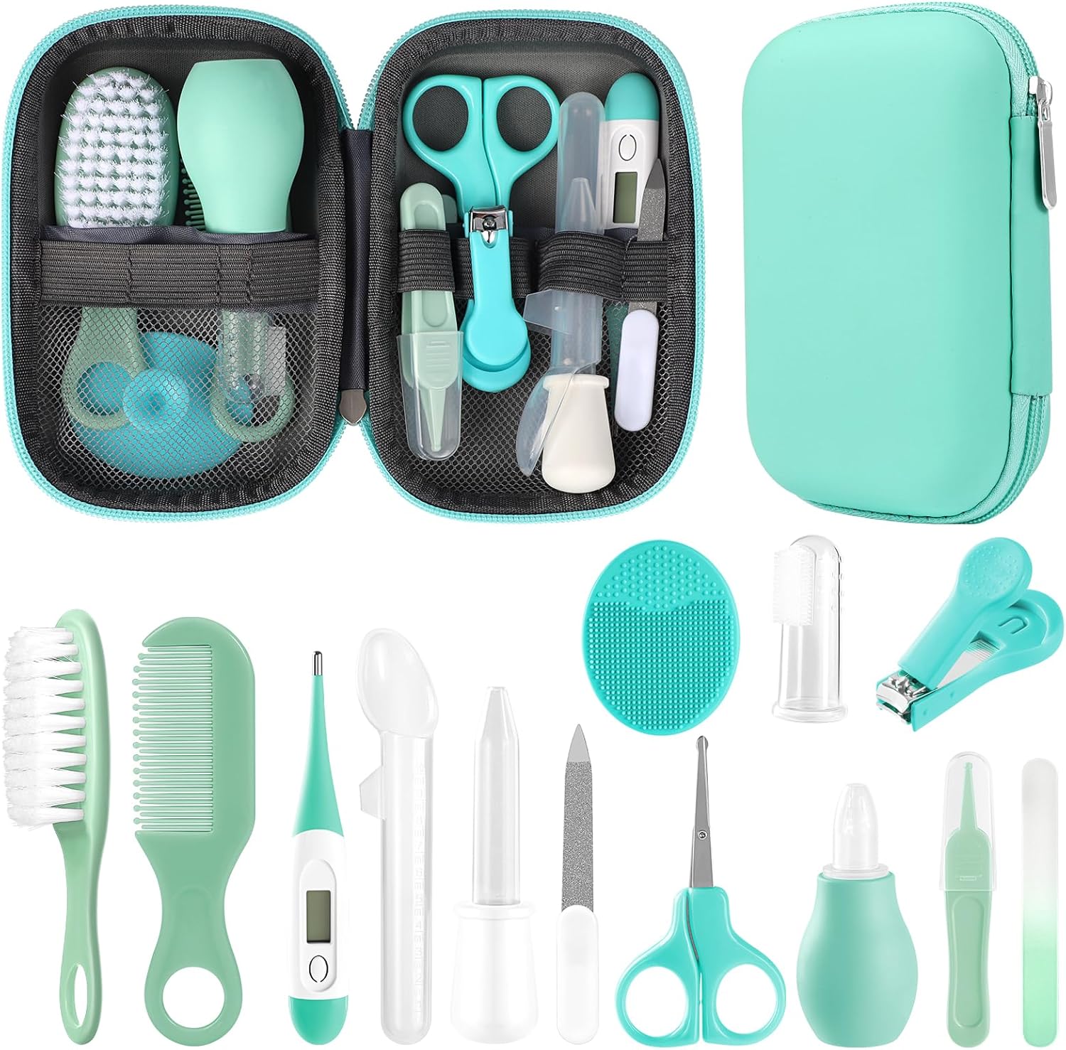 Baby Grooming Kit, Infant Safety Care Set with Hair Brush Comb Nail Clipper Nasal Aspirator,Baby Essentials Kit for Newborn Girls Boys (Green)