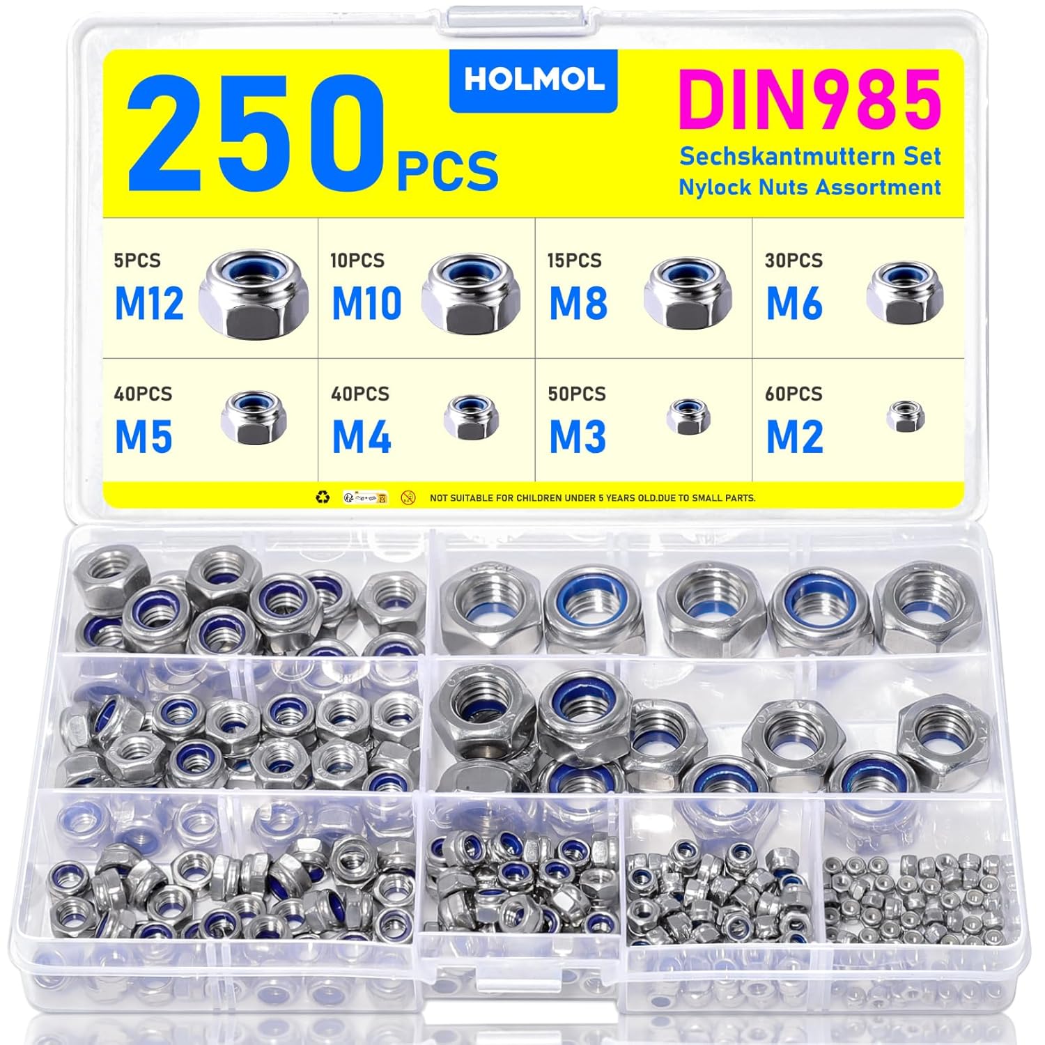 250PCS Nylock Nuts, HOLMOL DIN 985 Locking Nuts with Box, 304 Stainless Steel Nuts, 8 Sizes Self Locking Nut for Bolts, Hex Nuts Assortment Kit, Nyloc Hexagon Nut for Lock Washers, Bolts, Screws