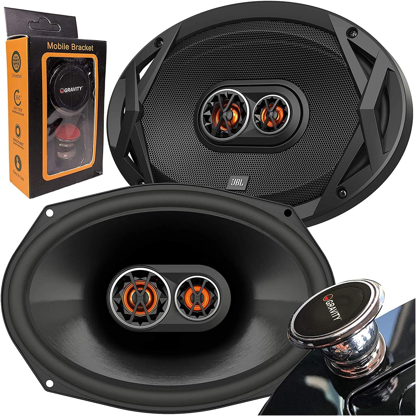 JBL Club 9630 480 Watts 6x9 Club Series 3-Way Coaxial Car Speakers with Gravity Magnet Phone Holder Bundle