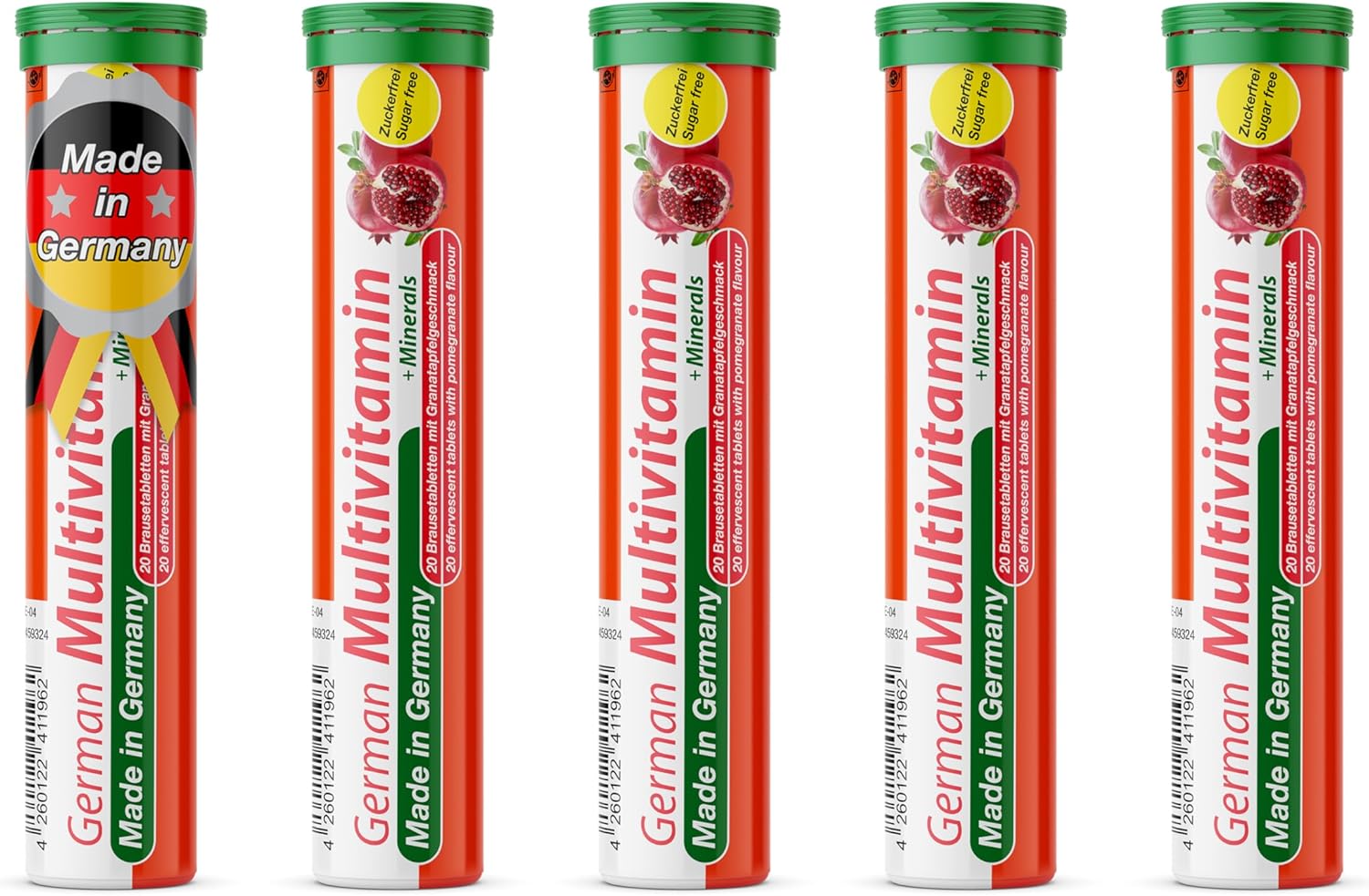 Multivitamin + Minerals - 5 x 20 effervescent Tablets - Pomegranate Flavor - T&D Pharma German Multivitamin + Minerals - Made in Germany