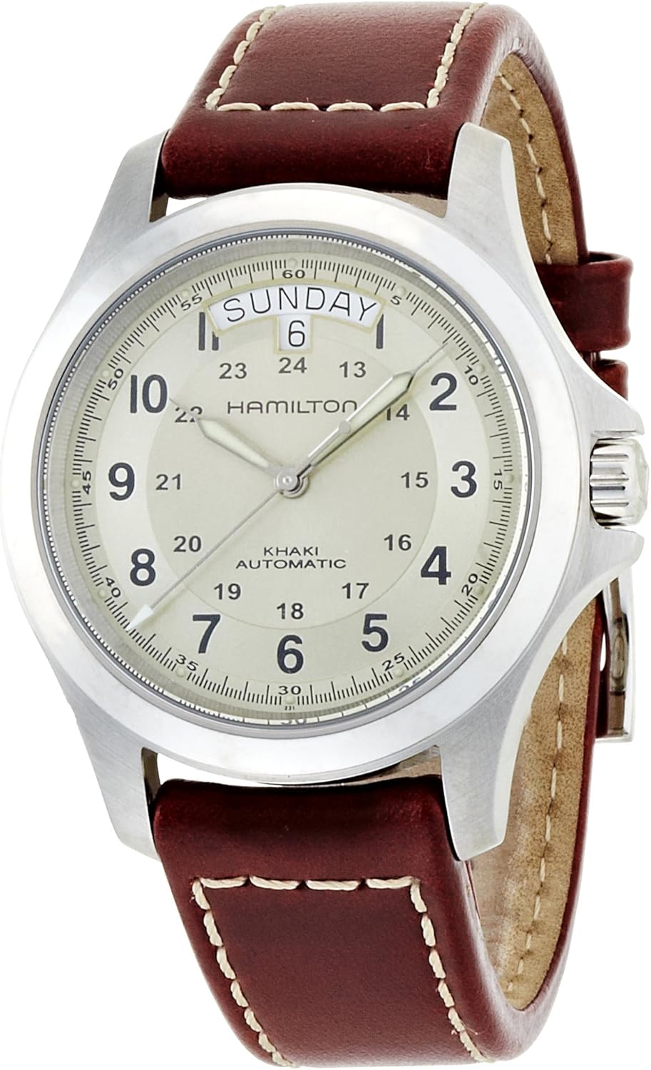 Hamilton Watch Khaki Field King Auto | Swiss Made | 40mm Stainless Steel Case | Beige Dial Analog Watch | Brown Leather Strap (Model: H64455523)
