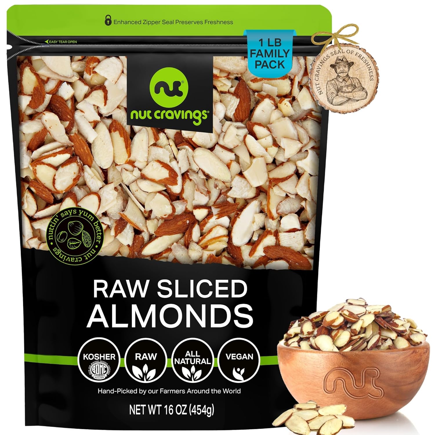 NUT CRAVINGS - Natural Sliced Almonds - Raw, (16oz - 1 LB) Packed Fresh in Resealable Bag - Nut Snack - Healthy Protein Food, All Natural, Keto, Vegan, Kosher Ideal for Trail Mixed Nuts