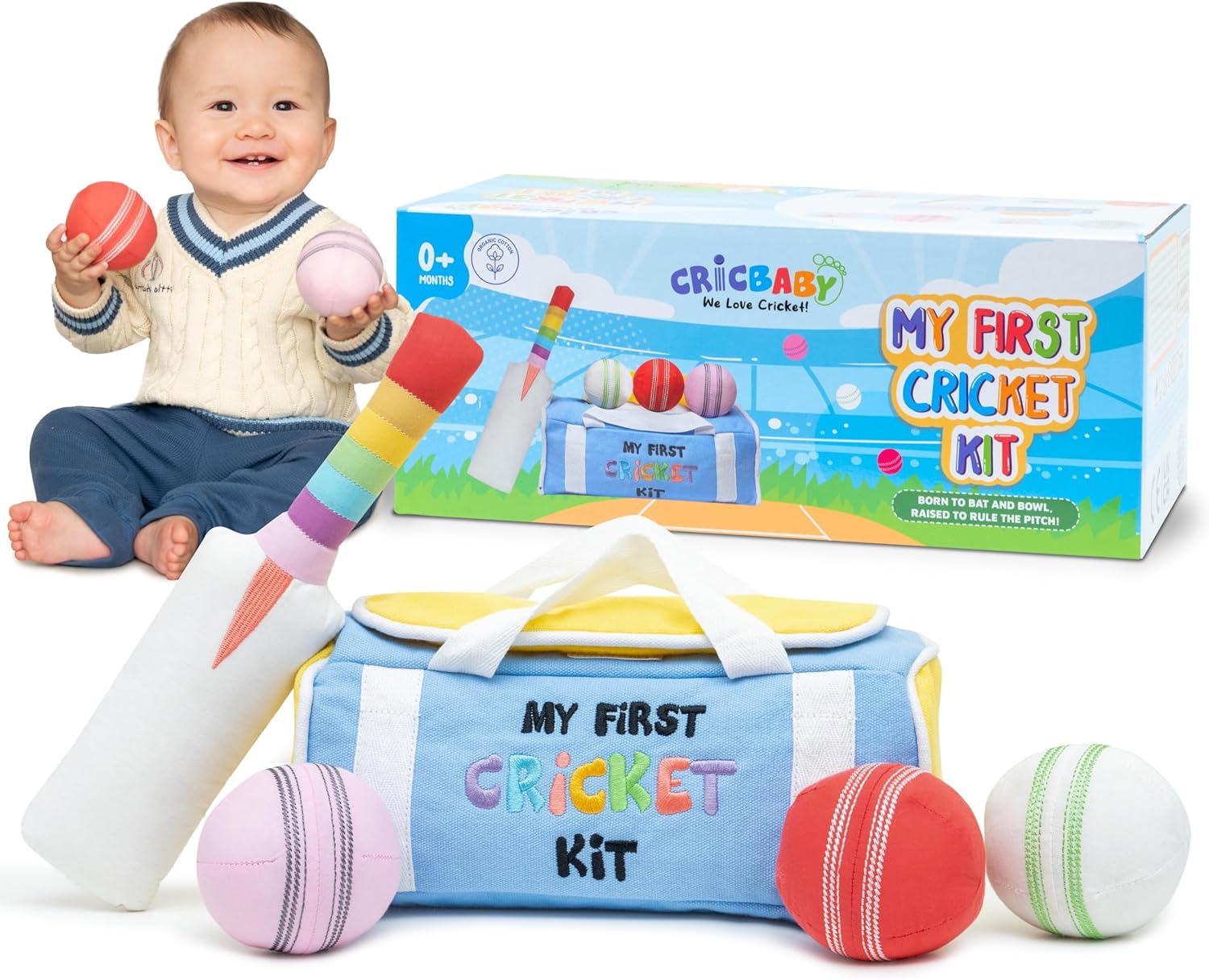 My First Cricket Kit | Cotton Soft Plush Toy | Gift Baby and Infant 0-2 Years | 3 Soft Sensory Cricket Balls-Rattle, Crinkle, Squeaker & 1 Rainbow Rattle Cricket Bat | Safe, Fun, Educational