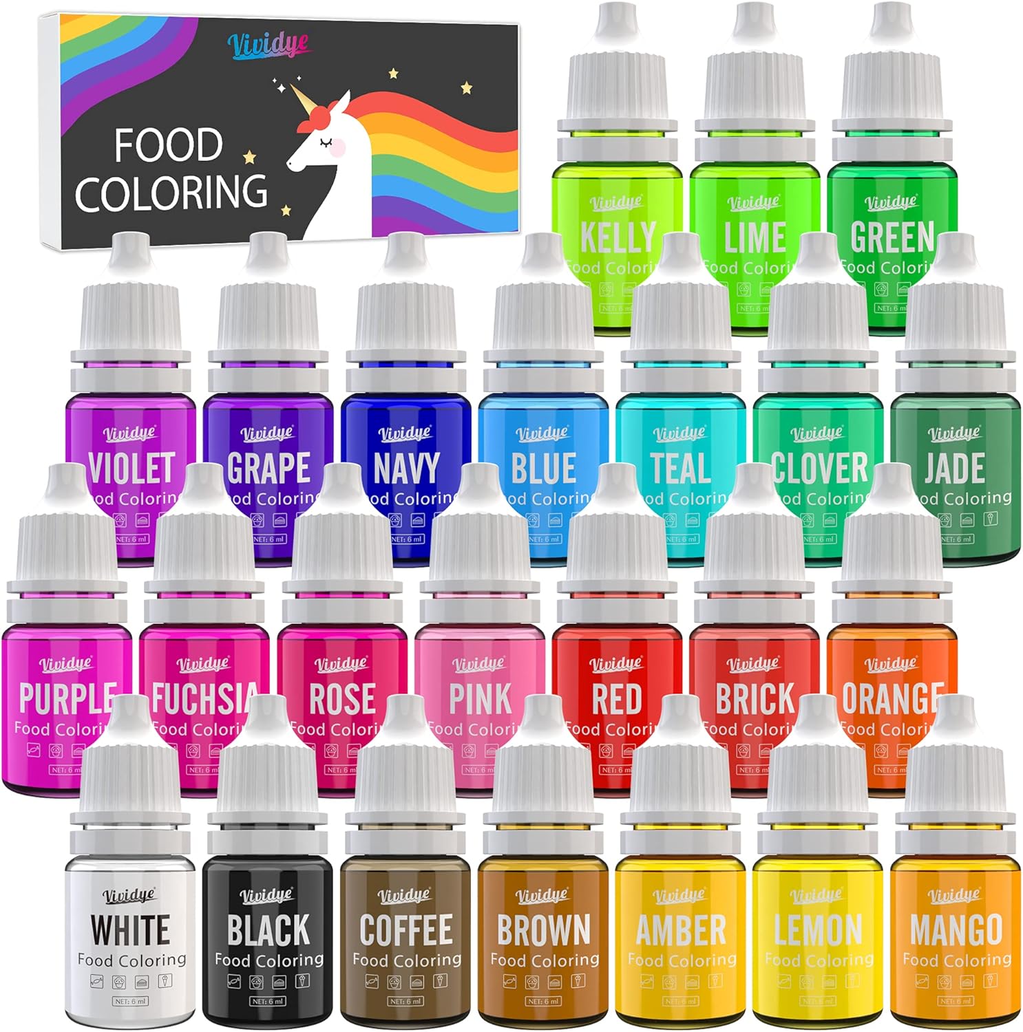 Food Colouring Set - 24 Vivid Colours Food Colouring Set for Baking, Cake Decorating, Icing, Cookie, Fondant and Macaron - Liquid Tasteless Food Colour Dye for DIY Soap Making and Crafts - 6ml Each