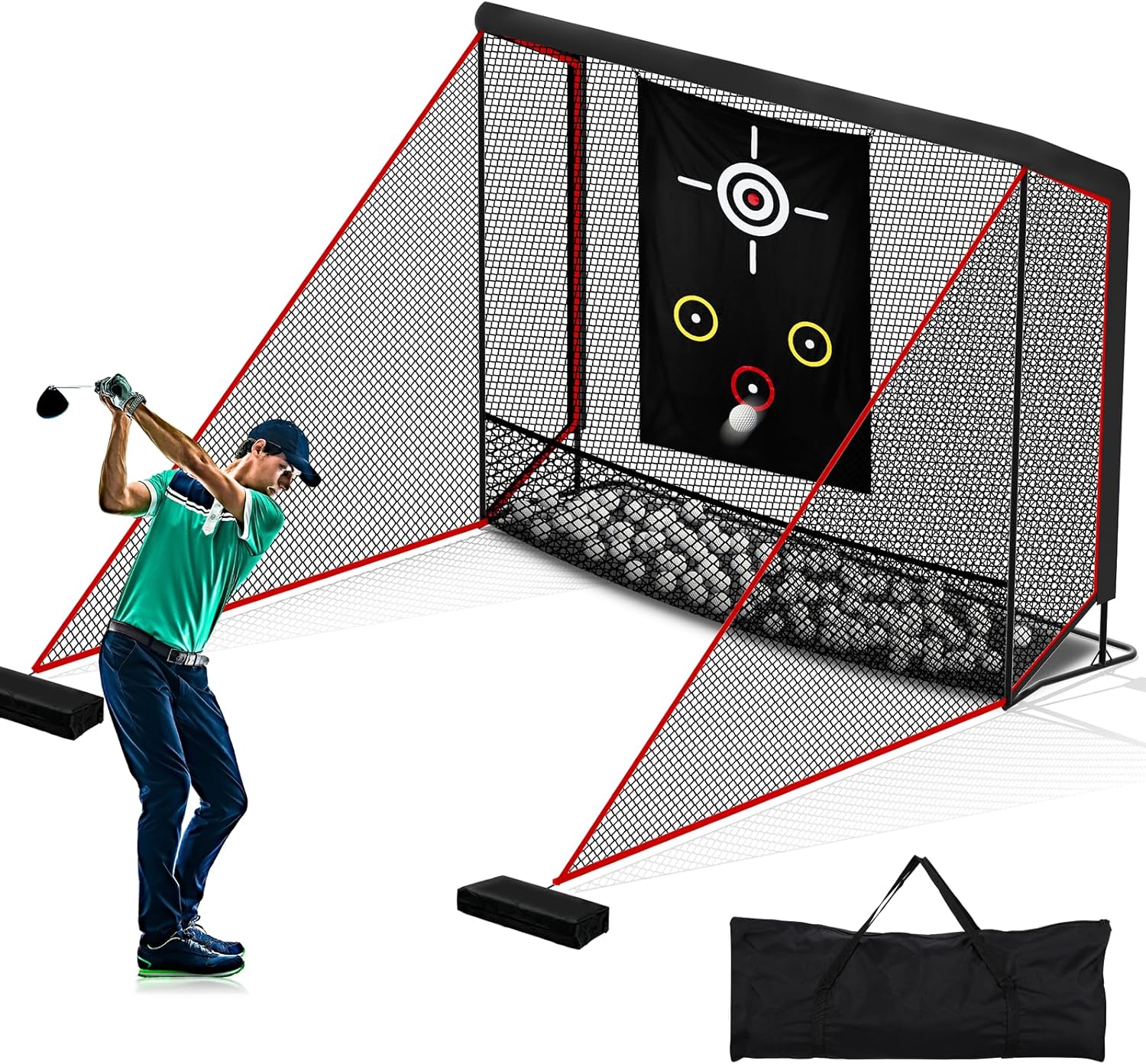 Portable Golf Hitting Net Driving Range Practice Cage with Target Impact Screen, 2 Side Barriers for Indoor/Outdoor Swing & Chipping Training