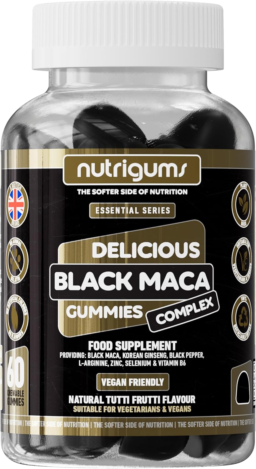 Maca Root 2000mg Gummy | Tutti Frutti Flavour | 60 Vegan Gummies | Black Maca, Korean Ginseng, L-Arginine, Black Pepper, B6, Zinc & Selenium | High Strength | for Energy & Performance by NUTRIGUMS®