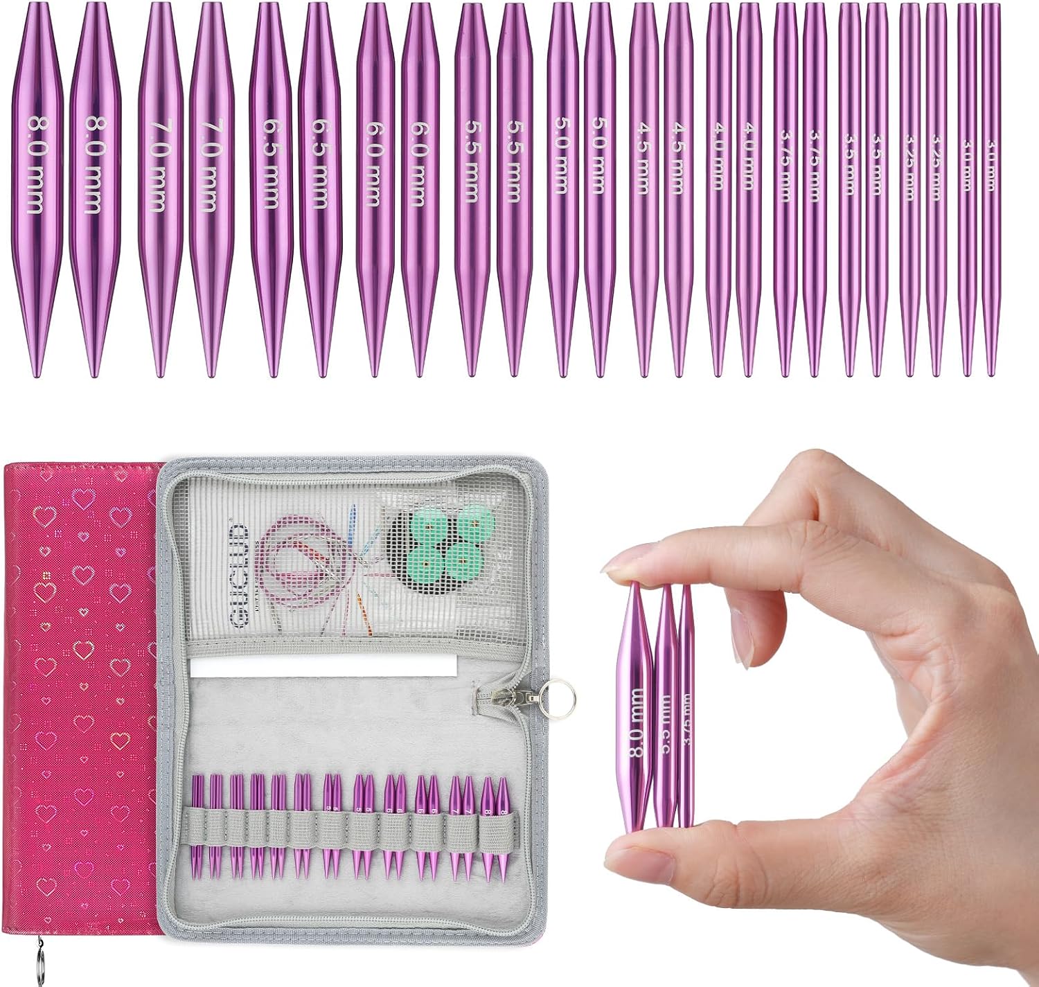 Guclud 2-Inch Short Interchangeable Circular Knitting Needles Set | US 2.5-11 (3.0-8.0mm) | 12-Pair of Metal Small Circular Needles | 4 Cables (6", 8", 12", and 16"), Accessories & Case