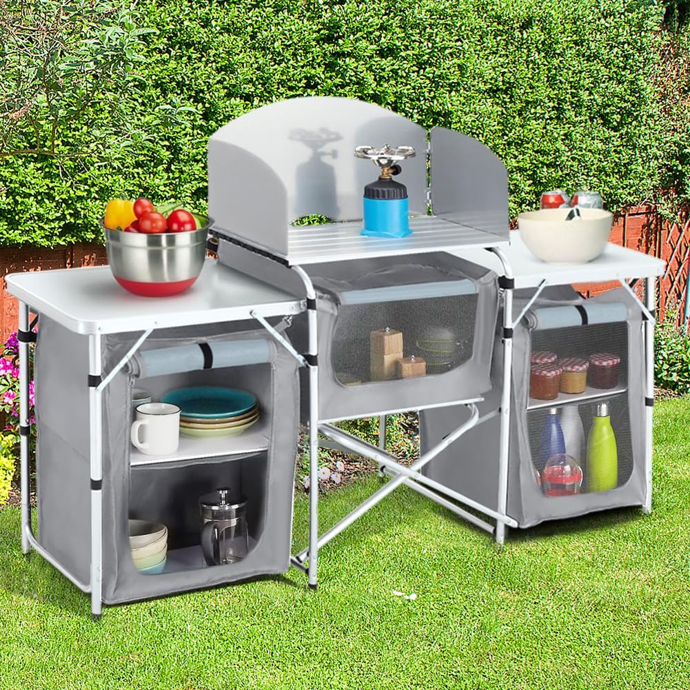 DKIEI Folding Camping Kitchen Table, Outdoor Portable Camping Kitchen Unit, Camping Cupboard with Aluminium Frame & Windscreen