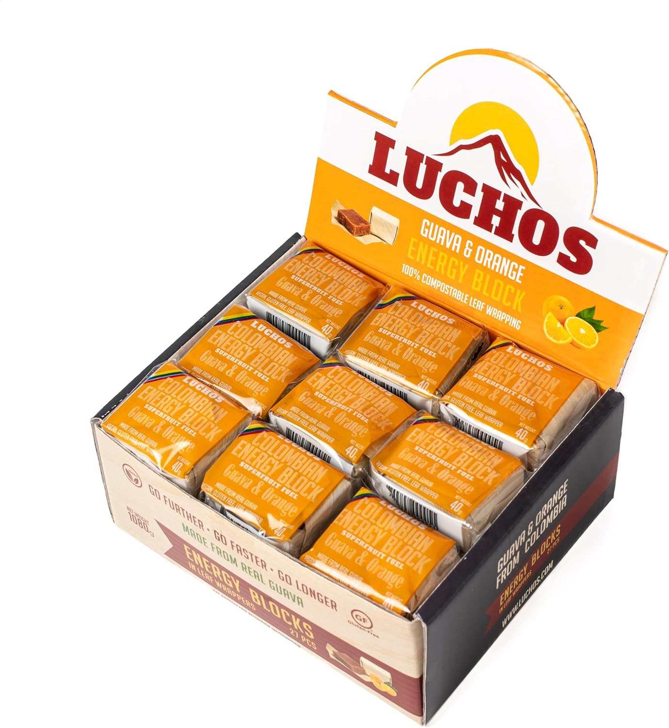 LUCHOS Natural High Energy Bars Power Blocks for Sports, Endurance, Running, Hiking, Cycling, Pre Workout Healthy Snacks, High Carb, Vegan and Gluten Free, Guava and Orange, 27 Pieces