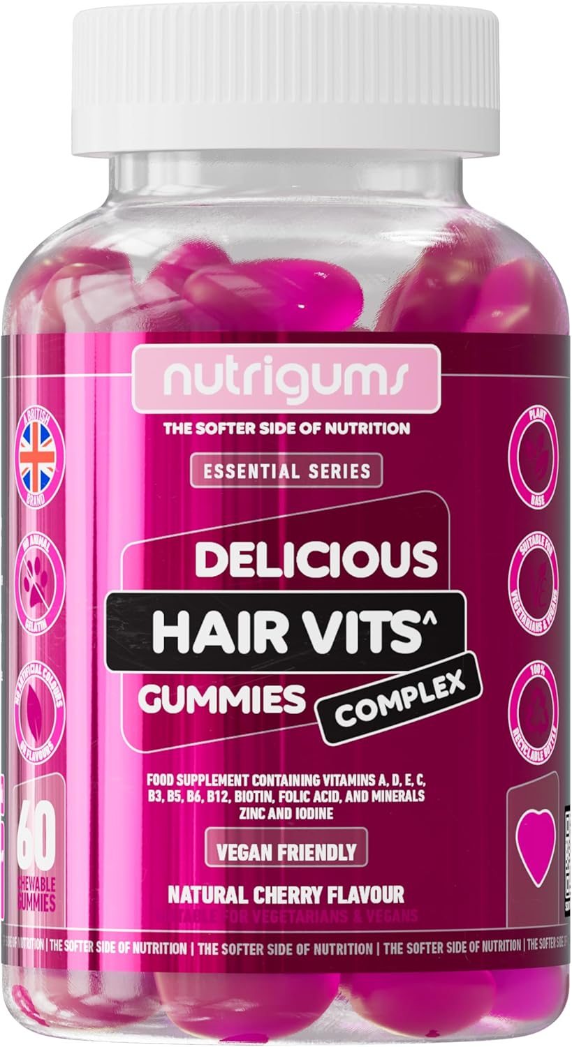 Hair Vitamin Biotin Complex Gummy | 12 Essential Vitamins containing Biotin, Vitamin C, Folic Acid and Zinc | Cherry Flavour | 60 Vegan Gummies | Maintain Healthy Hair Growth by NUTRIGUMS®