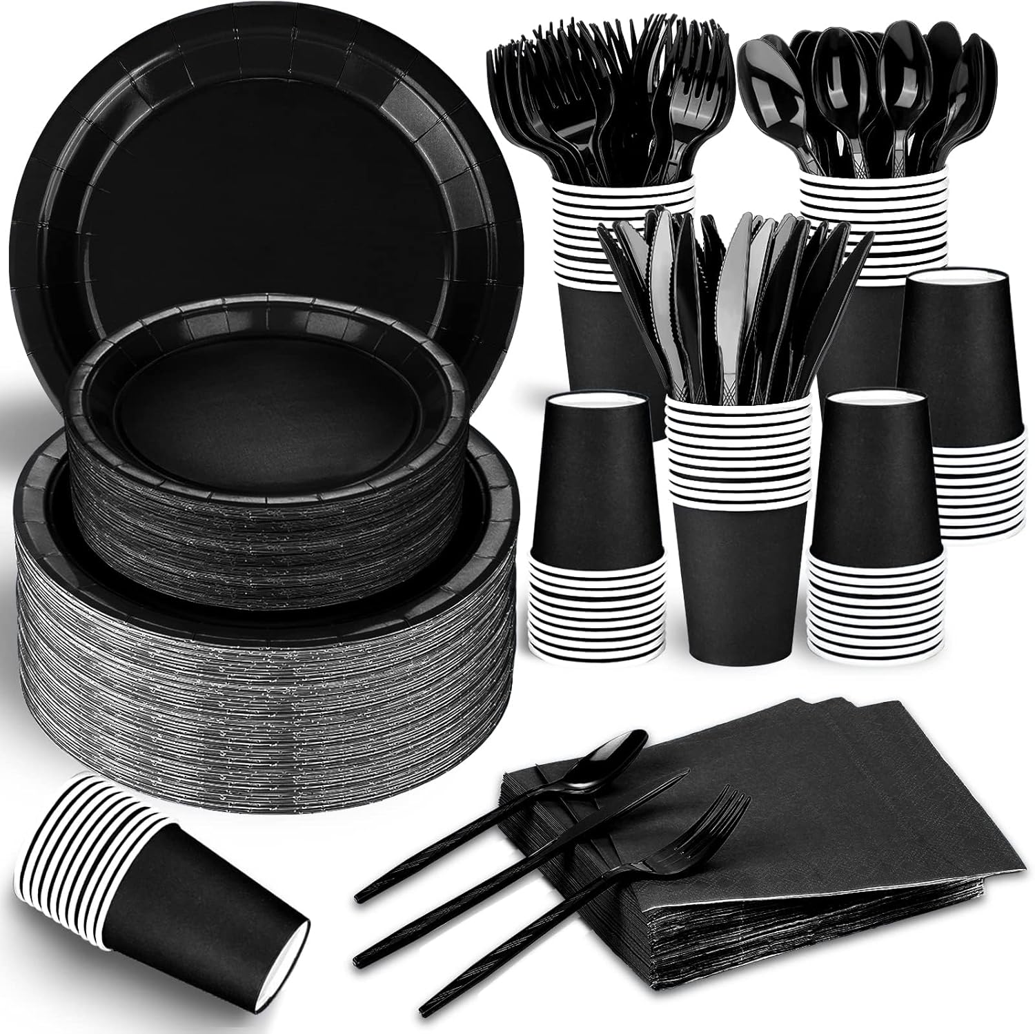 TWOWYHI 228PCS Black Party Supplies Set Include Paper Plates Cups Black Napkins Plastic Spoons Forks Knives for 30 Guests Disposable Party Dinnerware for Birthday Wedding Family Picnic