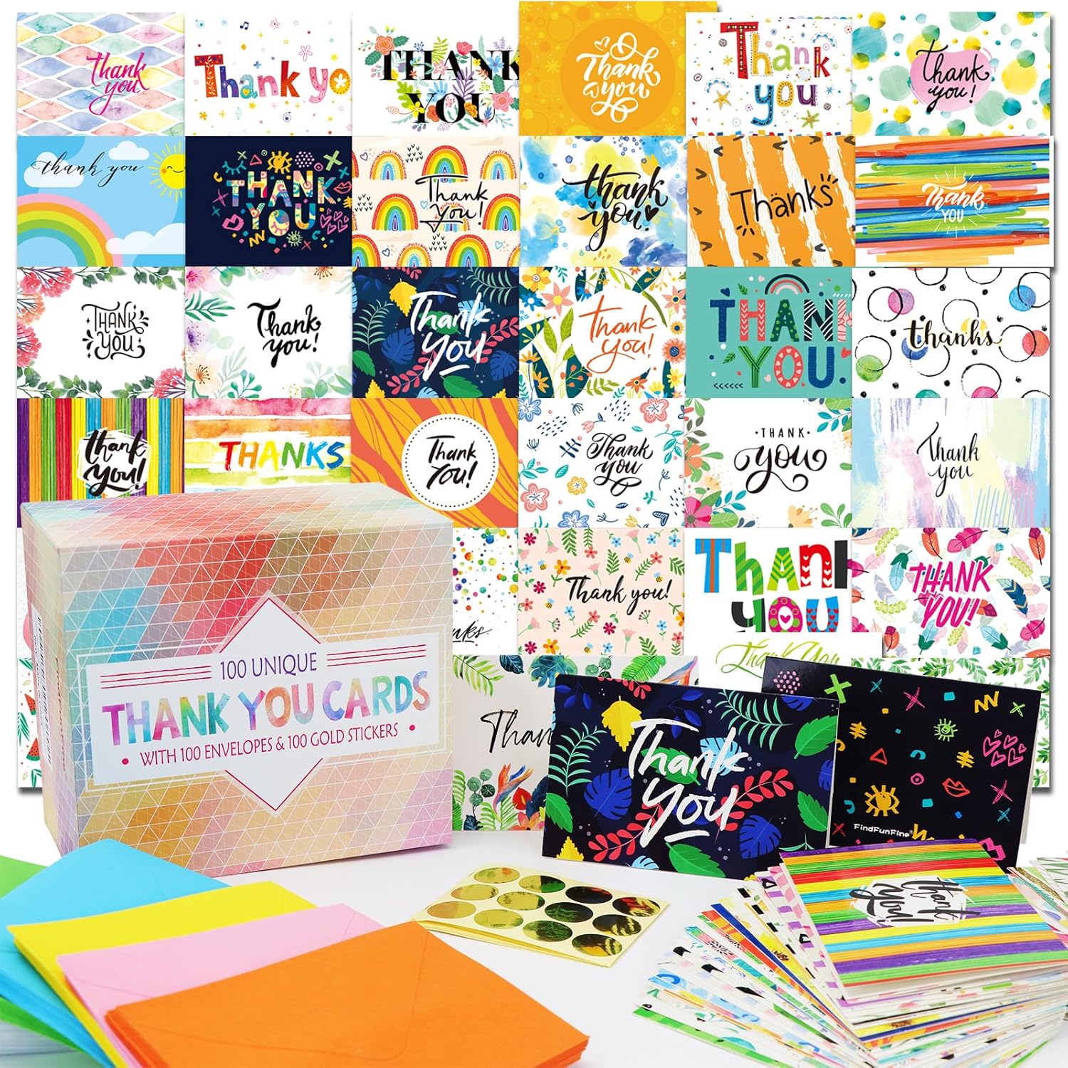 FindFunFine Thank You Cards 100 Sets Unique Greeting Cards With Envelopes Gold Seal Stickers Thank You Notes Greeting Cards Storage Box 4x6 Inch for Birthday, Wedding, Bridal Showers