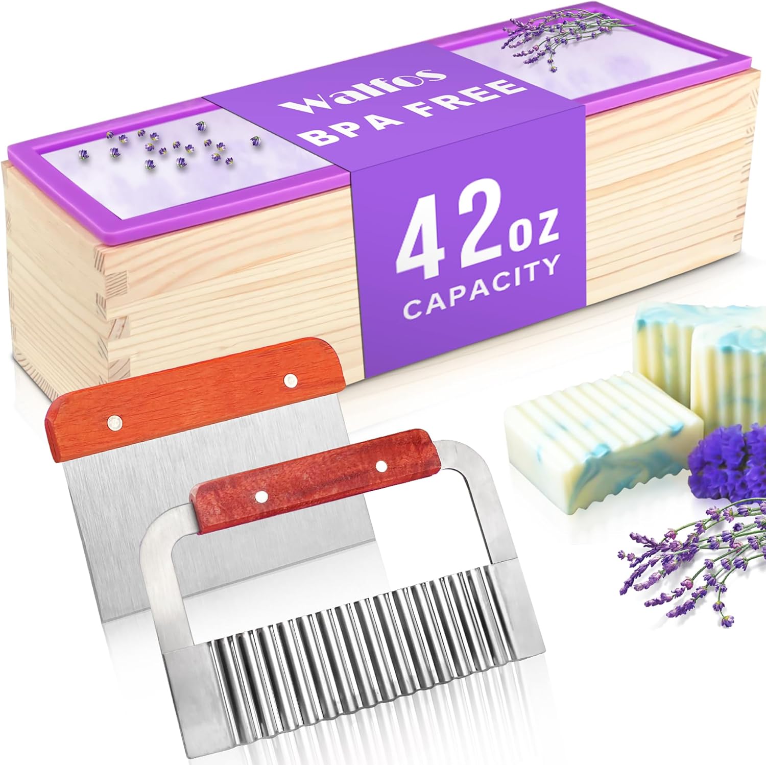 Walfos Silicone Soap Mold - Flexible Rectangular Loaf Mold Comes with Wood Box, Stainless Steel Wavy + Straight Scraper for Soaps Making 42oz
