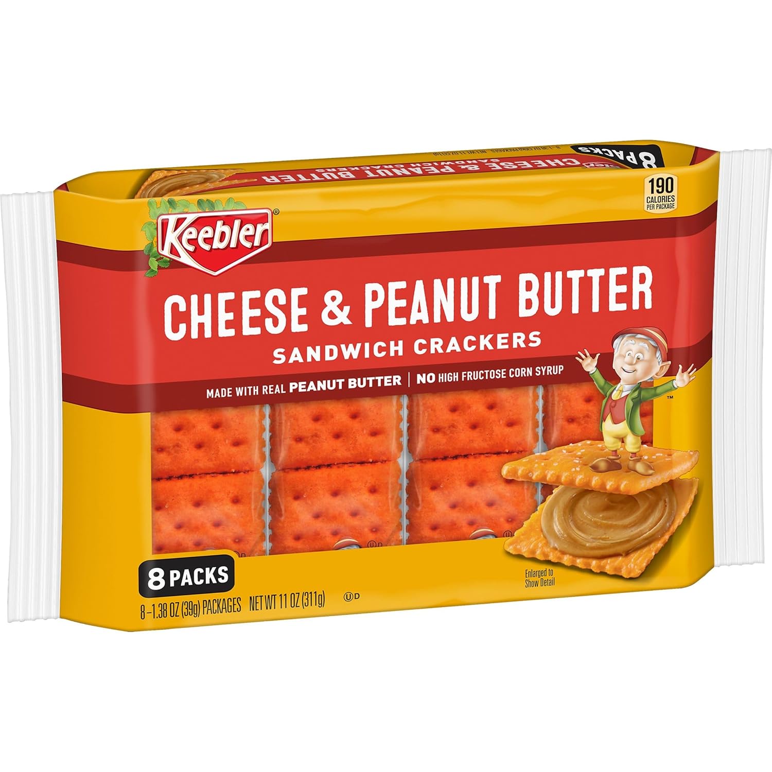 Keebler Sandwich Crackers, Single Serve Snack Crackers, Lunch Snacks, Cheese and Peanut Butter, 11oz Tray (8 Packs)