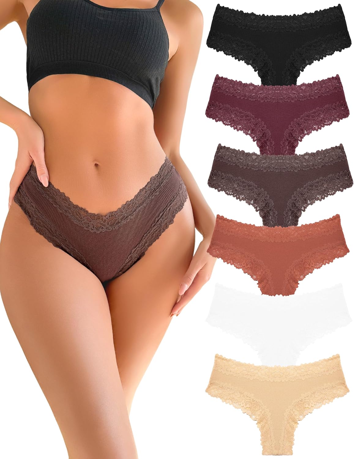 FINETOO Cotton Lace Underwear Women Brazilian Knickers for Women 6 Pack Sexy Knickers Multipack Soft Stretchy Ladies Briefs Comfort Hipster Panties Size S-XL