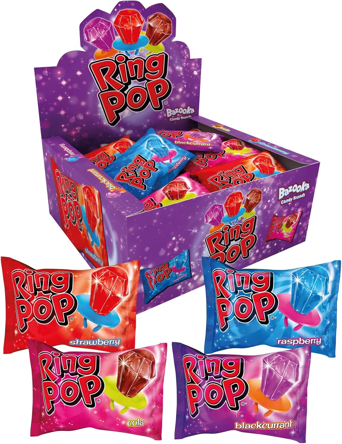 Bazooka Ring Pop Lollipops | 4 Assorted Flavours | Blue Raspberry - Strawberry - Cola - Blackcurrant | Vegetarian & Vegan | Gluten-Free| Individually Wrapped | Party Pack | Kids Party Favour - 24 Pack