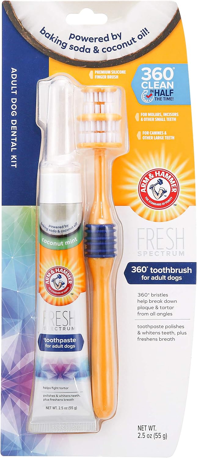 ARM & HAMMER Fresh Spectrum Coconut Dental Kit for Dogs, Includes Dog Toothpaste Toothbrush & Finger Brush, Removes Plaque & Tartar, 360° Brush Deep Cleans all Tooth Surface, Easy to Use Dog Oral Care
