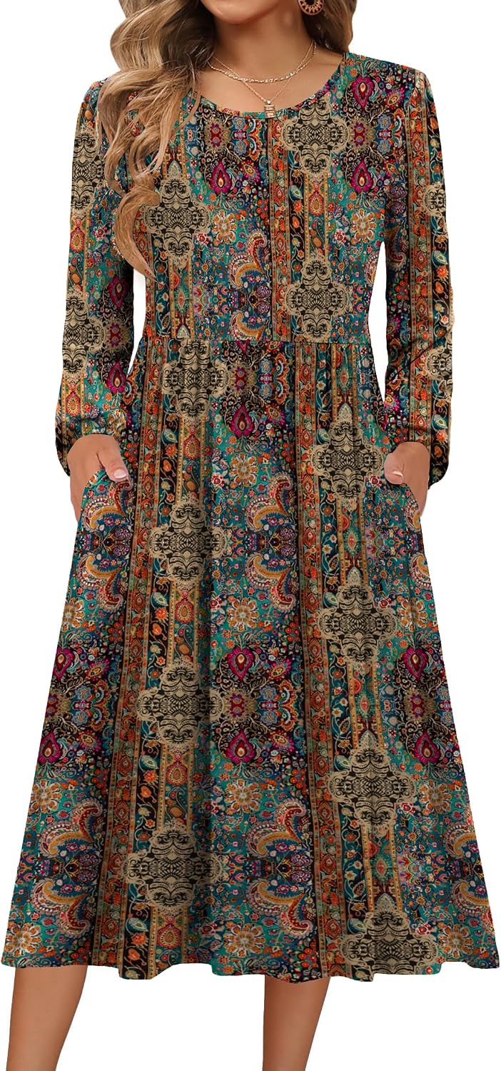 Zeagoo Dresses for Women UK Winter Long Sleeve Dress Crew Neck Midi Dresses