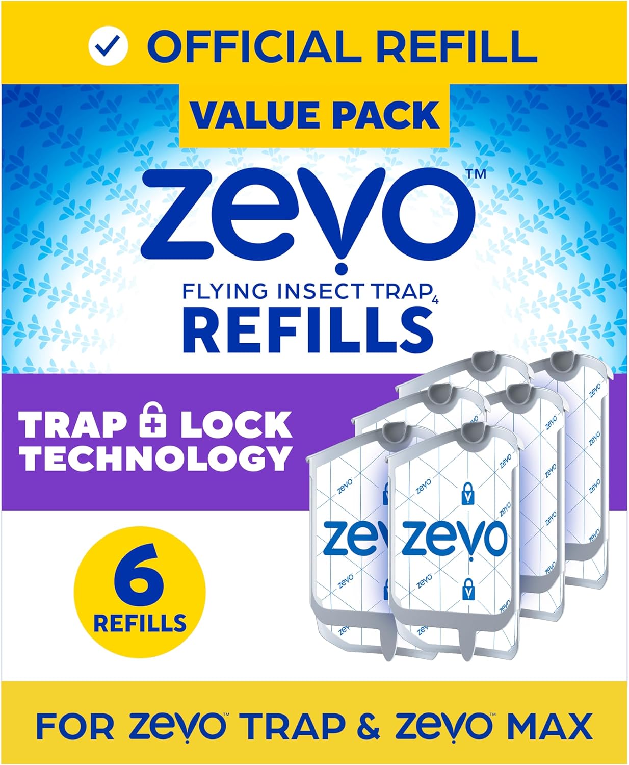 Zevo Flying Insect Trap Refill - for The Zevo MAX & Standard Indoor Fly Trap - Catch Gnats, House & Fruit Flies - Easy to Use - Mess-Free Disposal (6 Refill Cartridges)