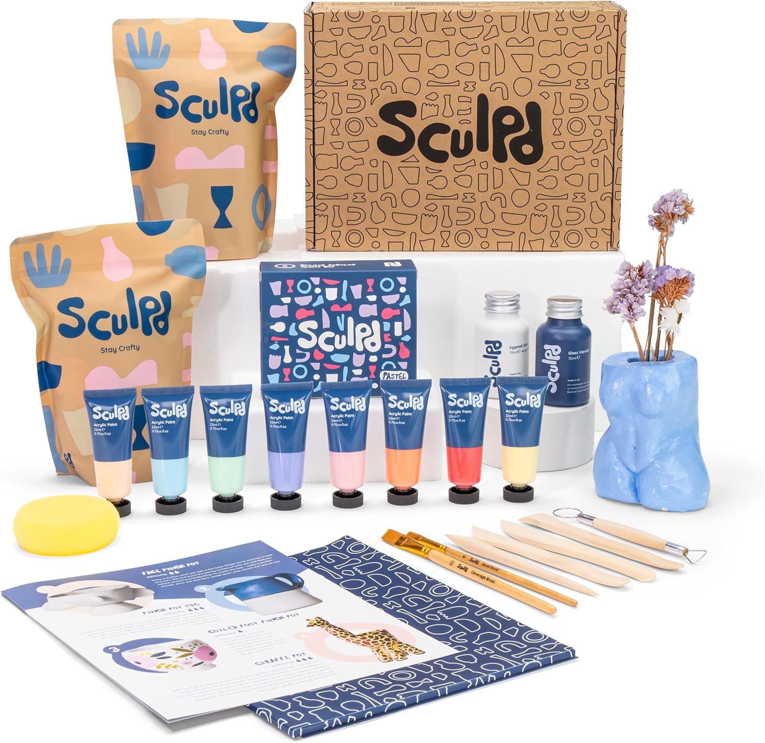 Sculpd - The Original Pottery Starter Kit - Complete Air Dry Clay + Painting Beginner Set for 2 Adults: Includes Sculpting Tools, Acrylic Paint, Brushes, Easy Guide, Video Tutorial & More