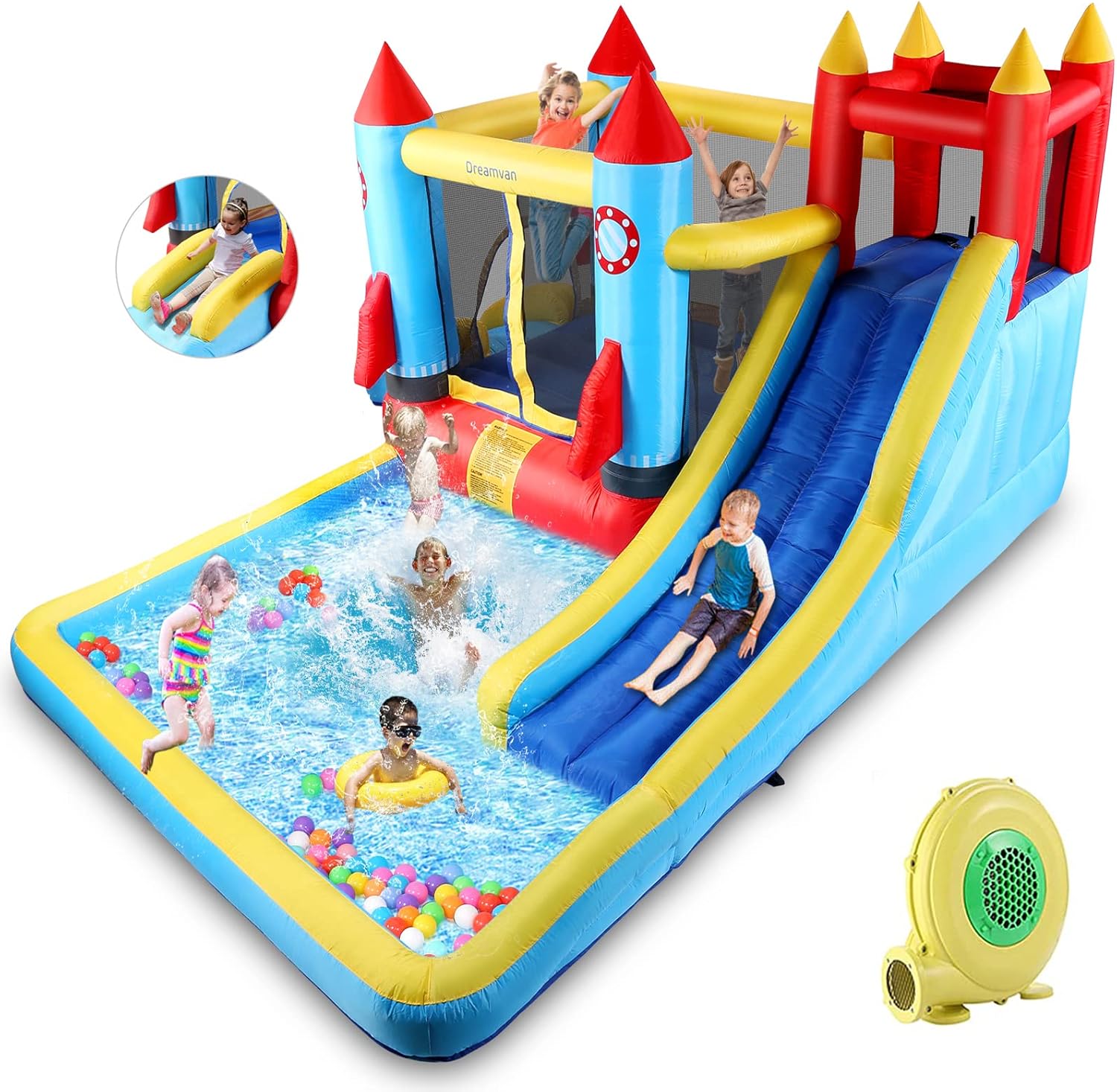 AKEYDIY Bounce House,Inflatable Bounce Castle with Blower for Kids 3-10,Outdoor/Indoor Bouncy House Water Park for Backyard with 2 Splash Slides,Climbing Wall,Ball Pit,Jumping Area (146" x 132" x 81")