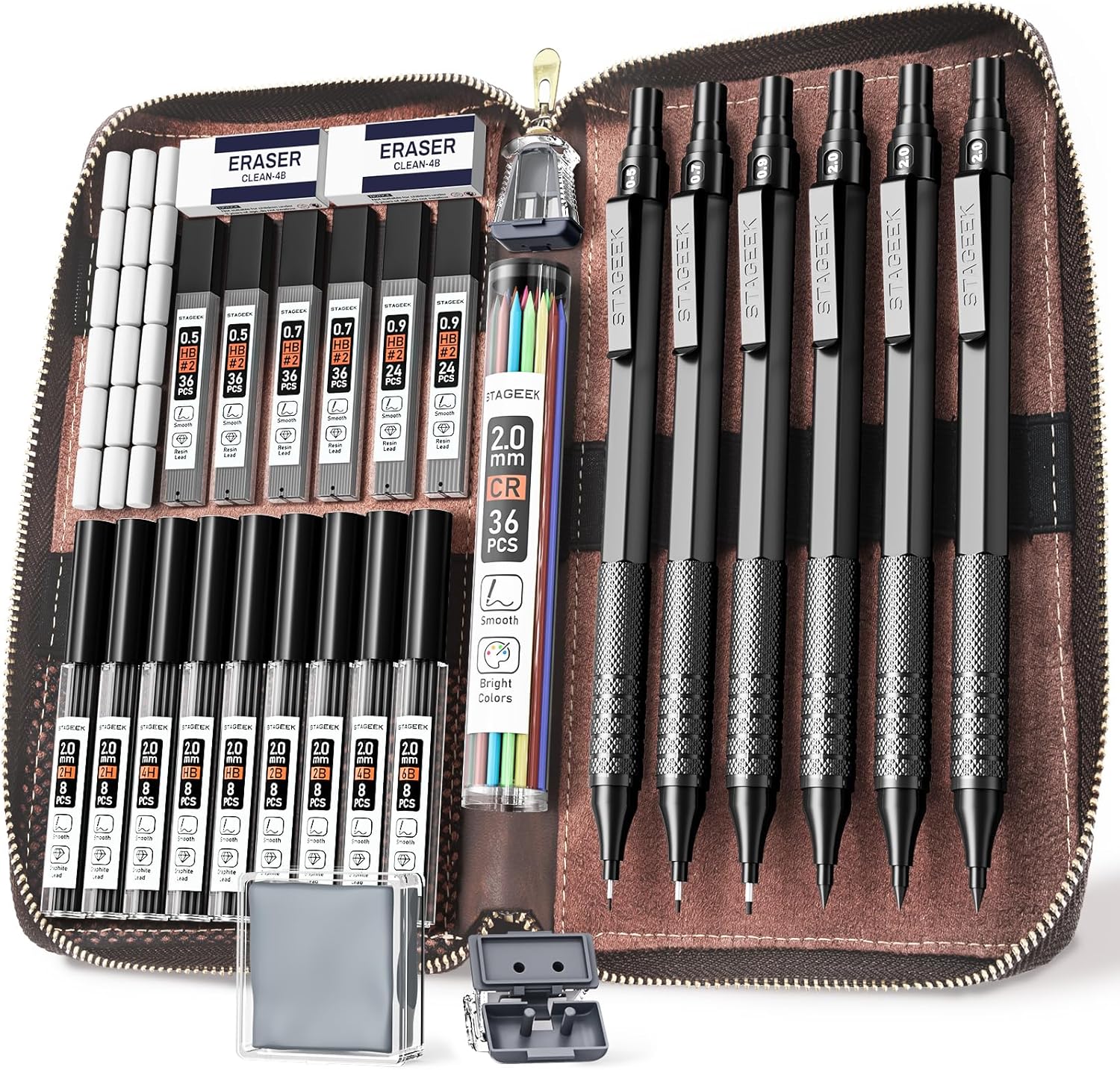 30Pcs Art Metal Mechanical Pencil Set with Leather Case, 6PCS Art Drafting Pencils 0.5, 0.7, 0.9, 2.0MM Mechanical Drawing Pencils with 300PCS Leads for Writing Sketching Drawing (Black)